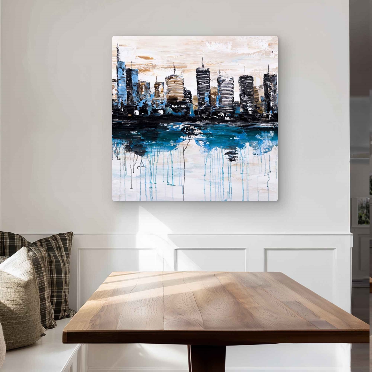 C1MP3232L1E21M 32 x 32 in. Abstract City Reflection On Water Wall Art - Brown Modern Metal Print