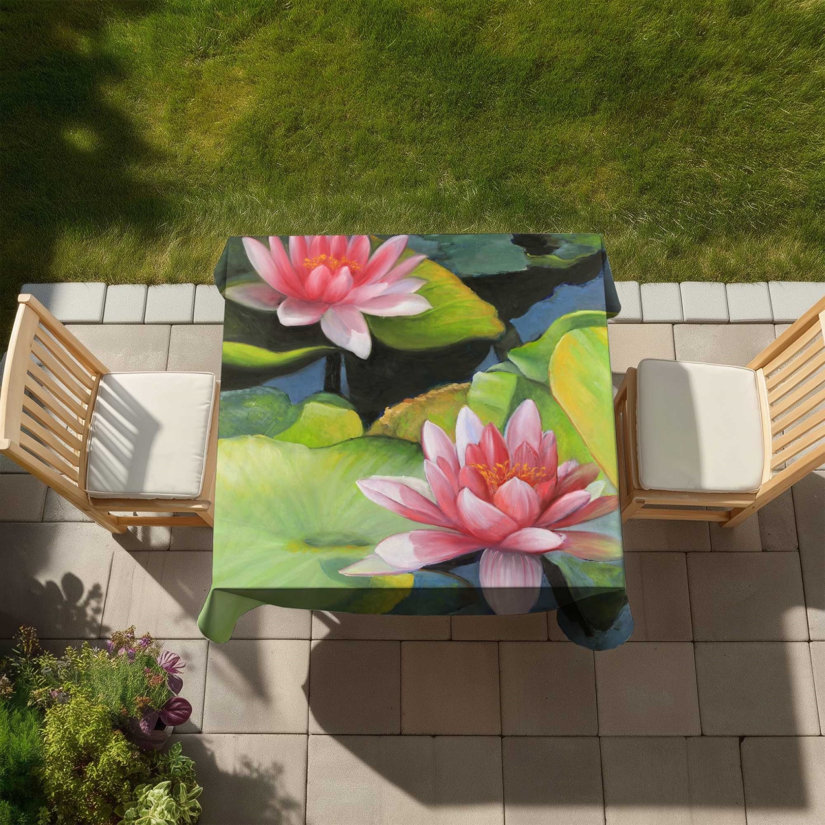 Picture of Begin Home Decor C1TC5858R9QN74 58 x 58 in. Water Lilies & Lotus Flowers Tablecloth - Indoor & Outdoor