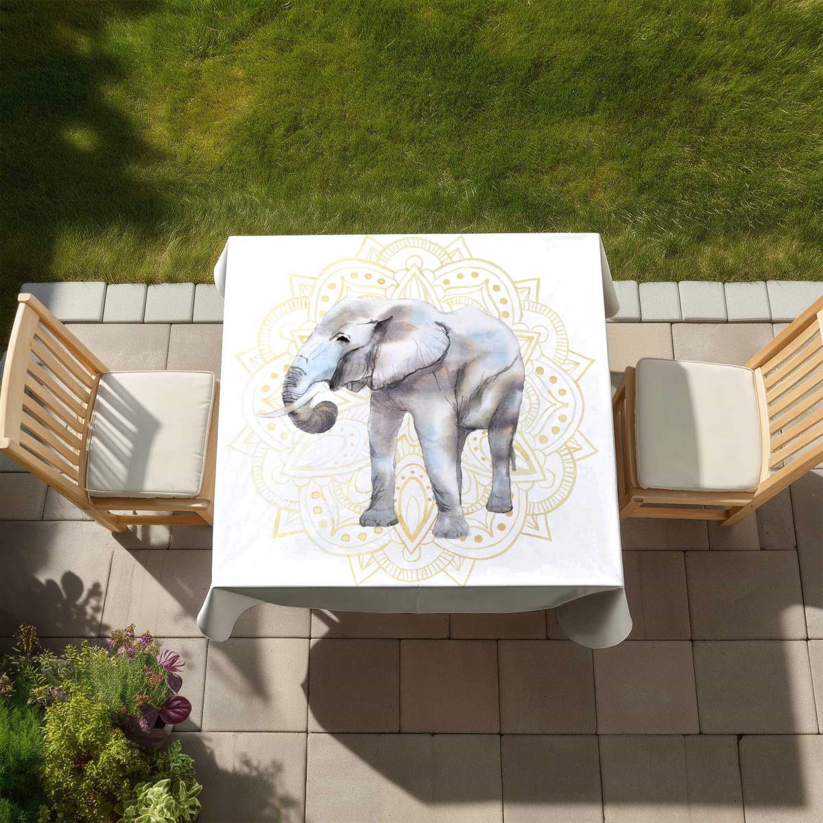 Picture of Begin Home Decor C1TC5858DFC6Y1 58 x 58 in. Elephant on Mandalas Pattern Tablecloth - Indoor & Outdoor