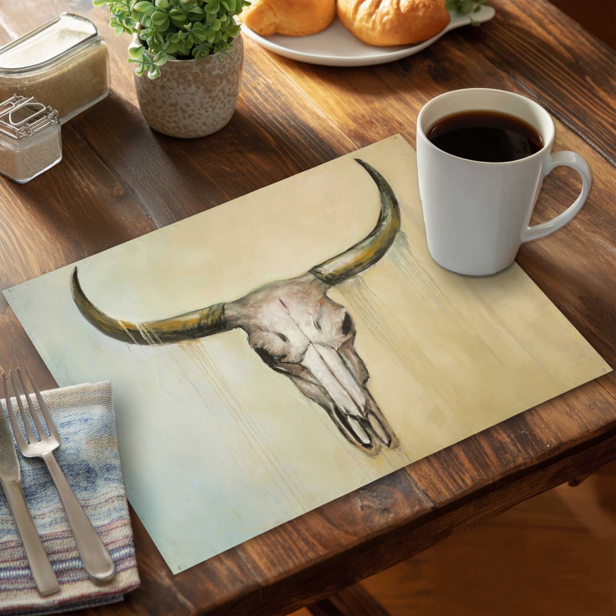 Picture of Begin Home Decor C4PP14186EKB13 14 x 18 in. Cow Skull Polyester Placemat - Rustic Home Decor Accent - Set of 4