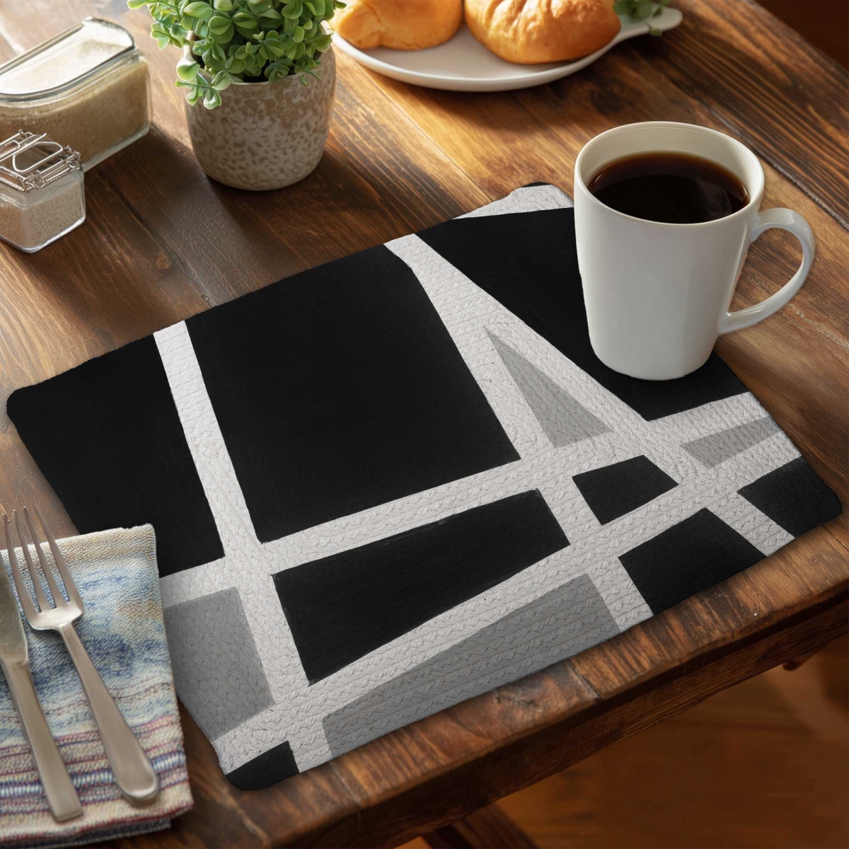 Picture of Begin Home Decor C6BP14186U1LL7 14 x 18 in. Braided Polyester Placemats - Black & White Abstract Lines Set - Set of 6