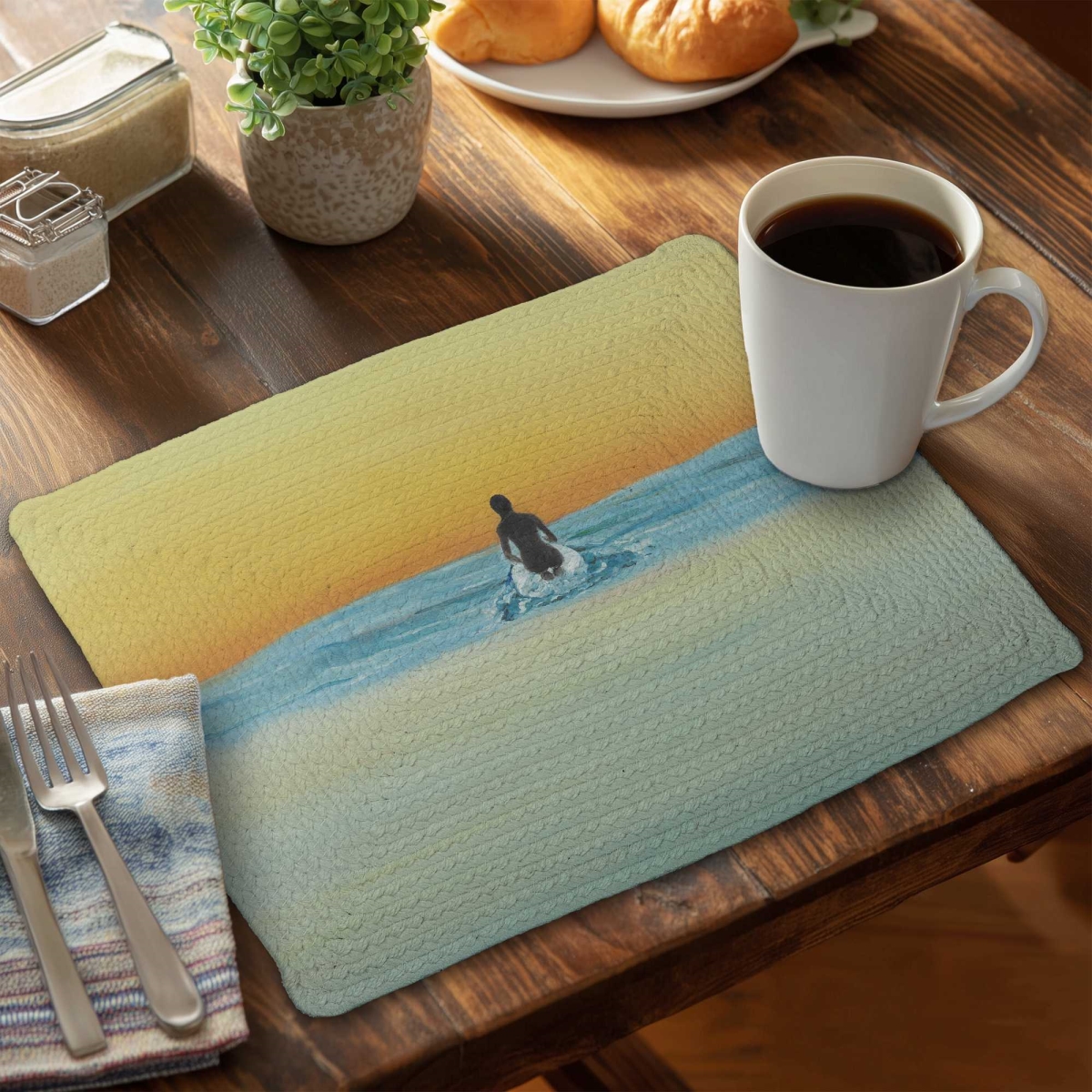 Picture of Begin Home Decor C6BP1418H7KJPE 14 x 18 in. A Surfer Swimming by Dawn - Braided Polyester Placemat - Set of 6