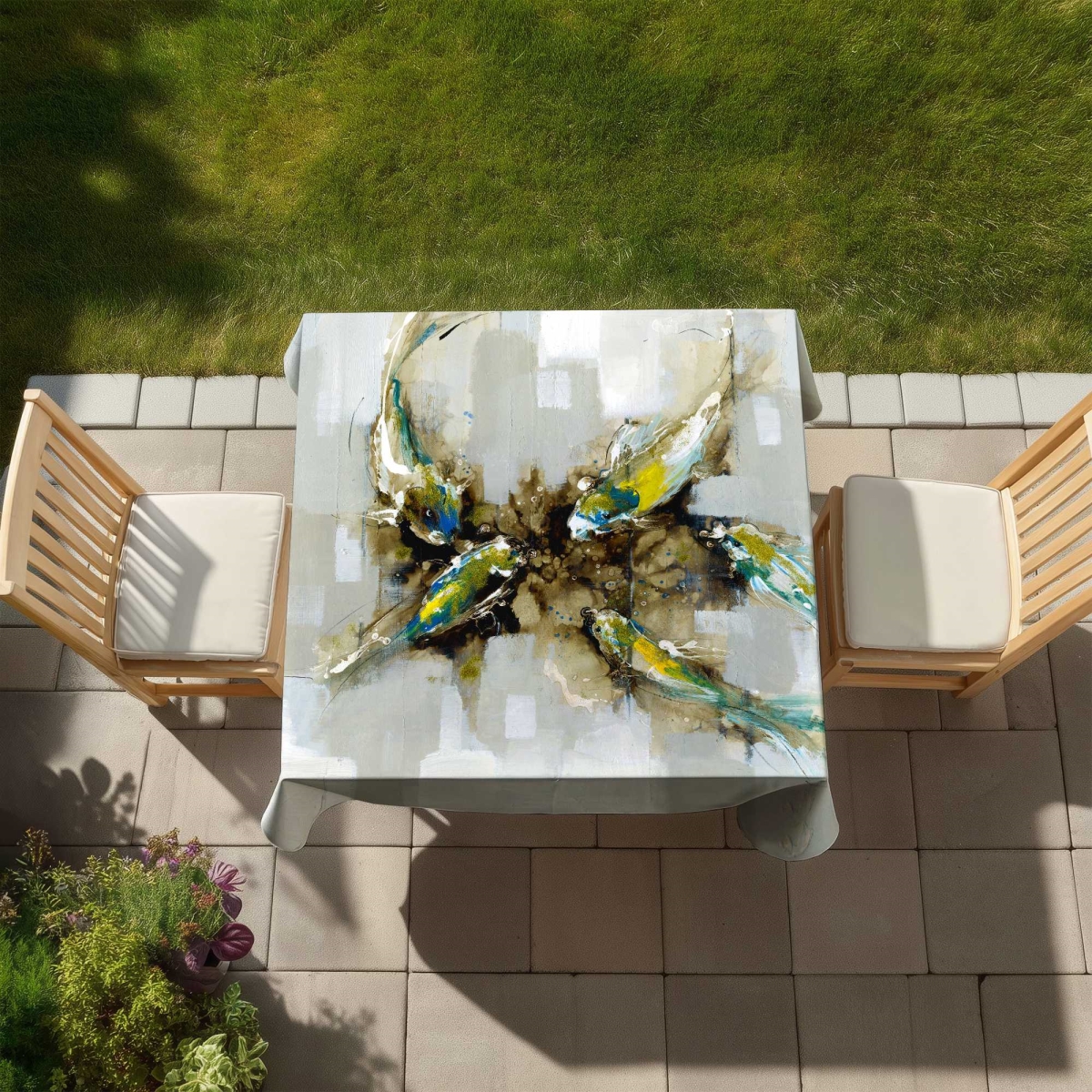 Picture of Begin Home Decor C1TC5858NUHUMI 58 x 58 in. Four Abstract Koi Fishes Tablecloth - Blue Indoor & Outdoor