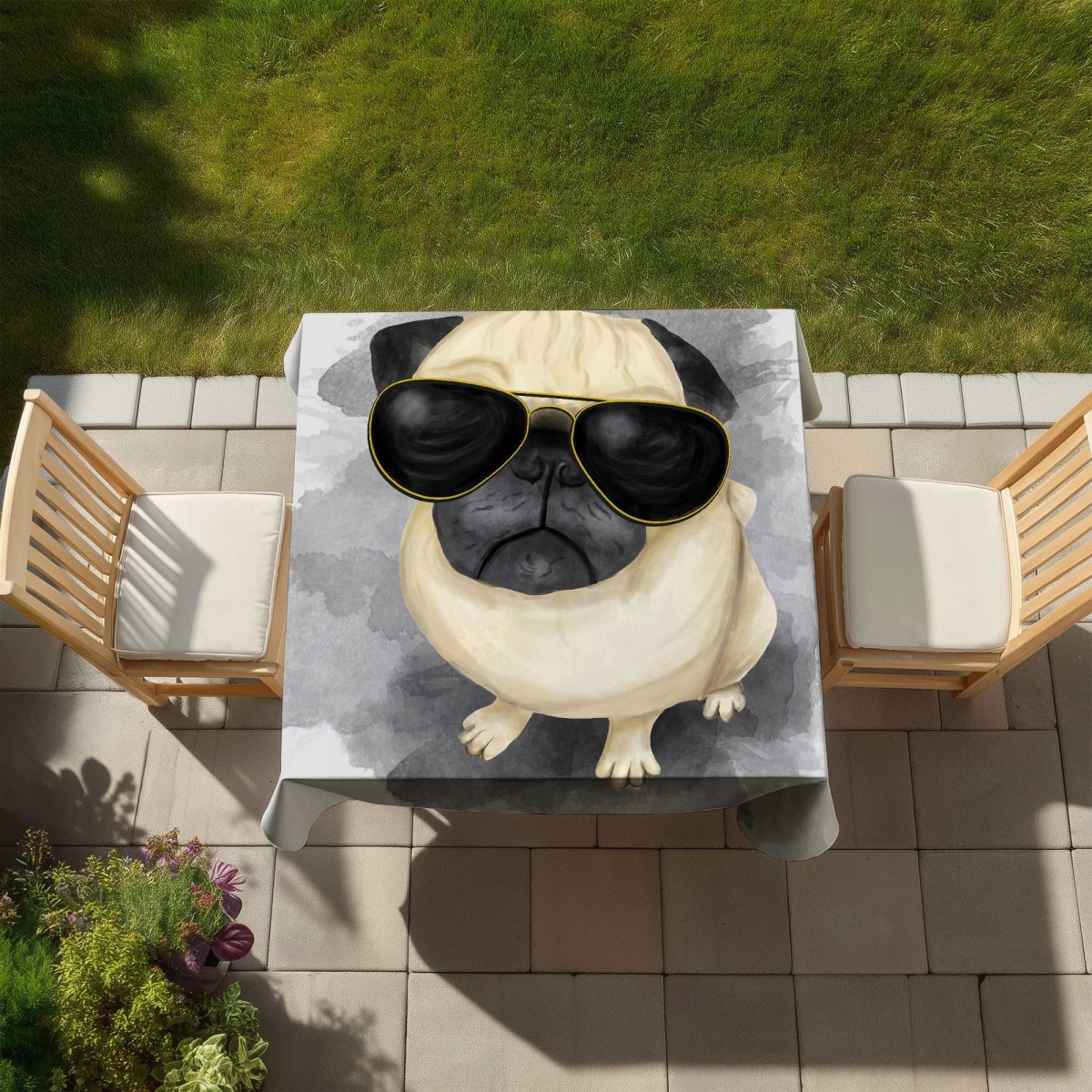 Picture of Begin Home Decor C1TC5858OGUD2Z 58 x 58 in. Pug with Style - Beige Pets Indoor & Outdoor Tablecloth