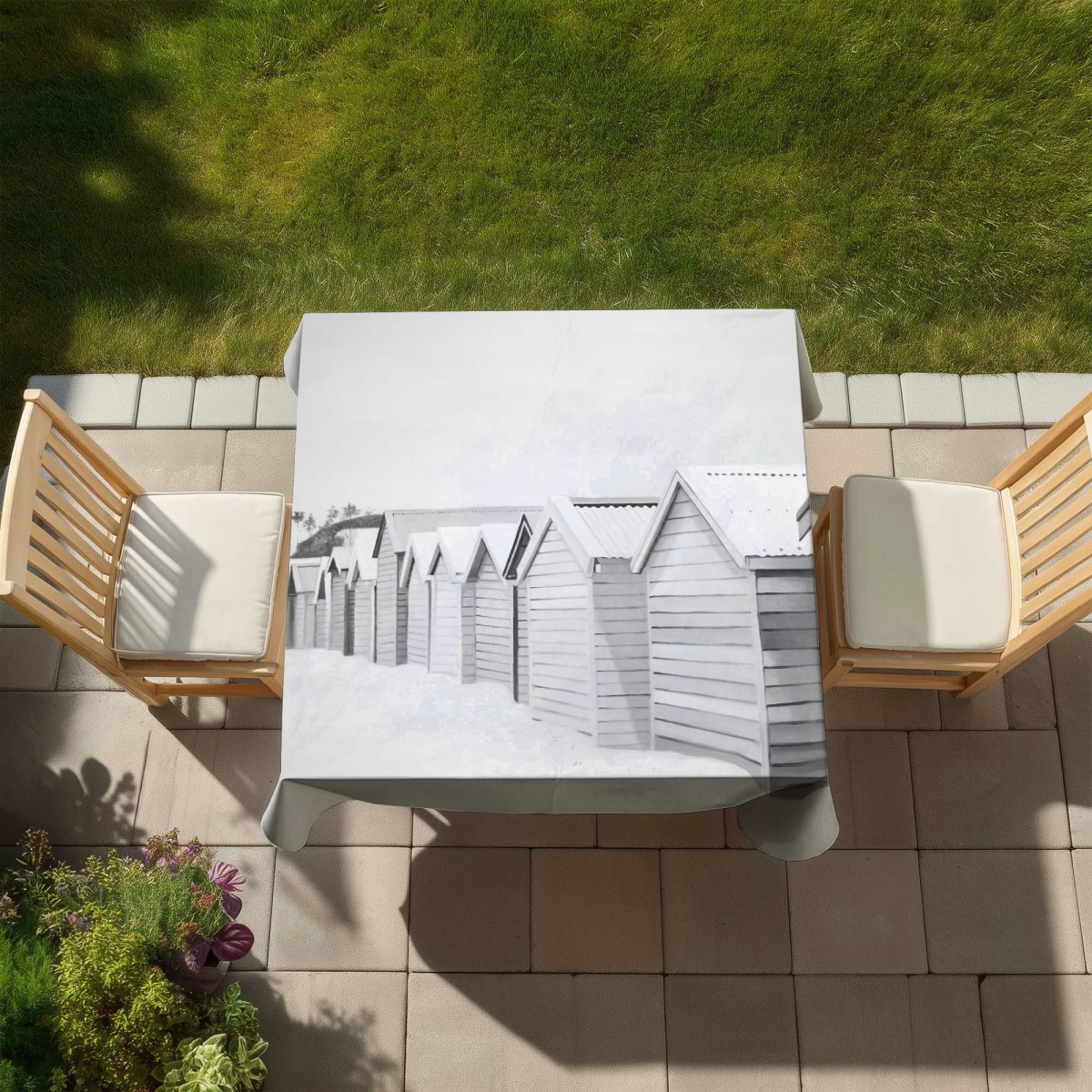 Picture of Begin Home Decor C1TC5858OYOBKK 58 x 58 in. Beach Cabins Tablecloth - White Livingroom Indoor & Outdoor