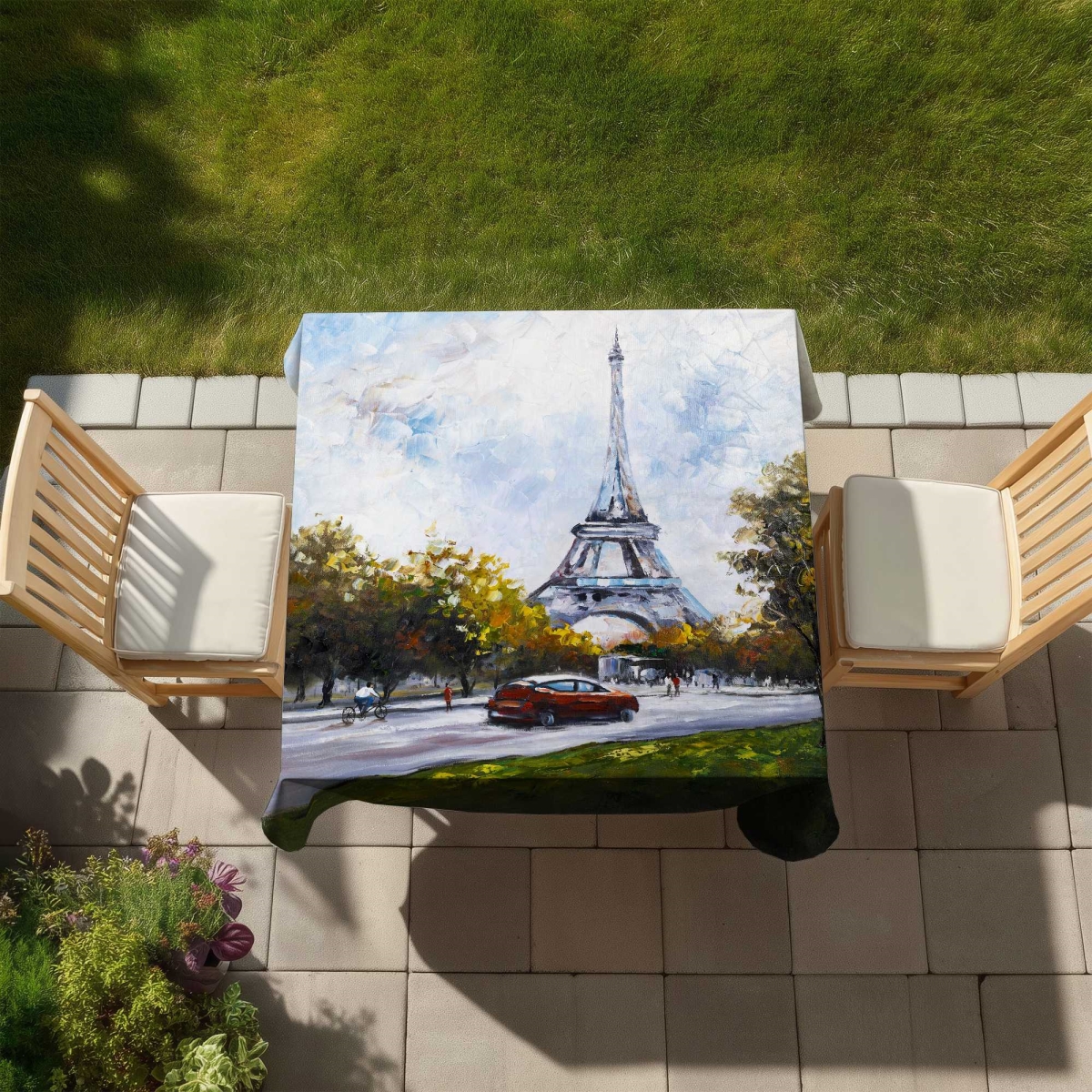 Picture of Begin Home Decor C1TC5858SWMPSJ 58 x 58 in. Driving Near The Eiffel Tower Tablecloth - Car Green Decor
