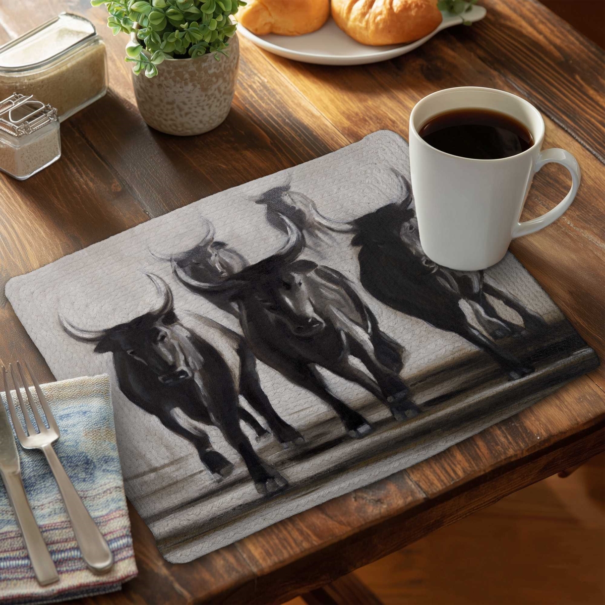 Picture of Begin Home Decor C4BP1418NKT1WA 14 x 18 in. Running Fierce Bulls - Braided Polyester Placemat for Decor - Set of 4