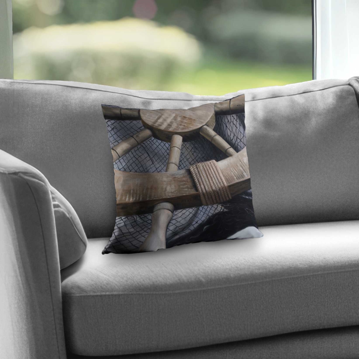 C1PC1414IIHYR5 14 x 14 in. Helm on a Fishing Net Closeup - Livingroom Boat Throw Decor