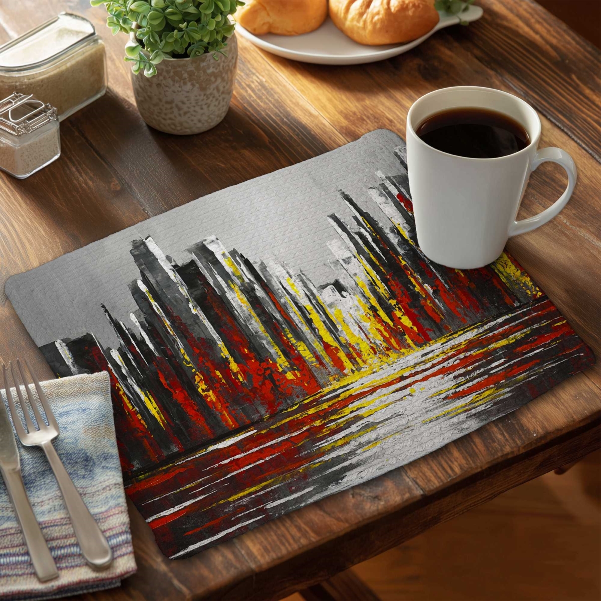 Picture of Begin Home Decor C4BP1418VU86BL 14 x 18 in. Abstract Red Skyline Braided Polyester Placemat - Home Decor - Set of 4