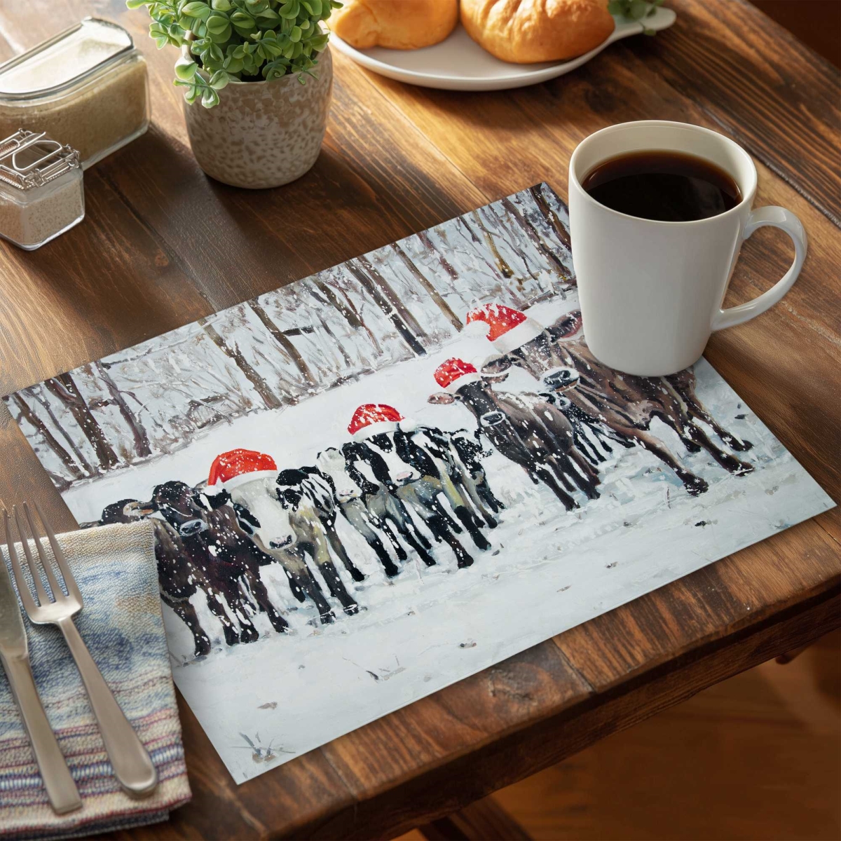 Picture of Begin Home Decor C4PP1418SQHVR9 14 x 18 in. Curious Christmas Cows - Polyester Placemat for Home Decor - Set of 4