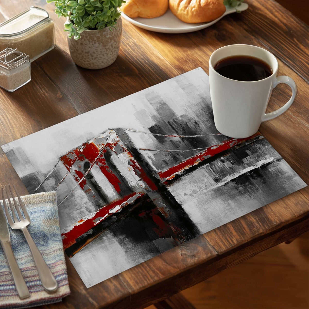 Picture of Begin Home Decor C4PP1418V5SVZD 14 x 18 in. Abstract & Red Brooklyn Bridge Polyester Placemat - Decor - Set of 4
