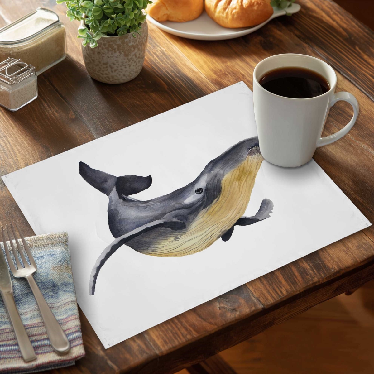 Picture of Begin Home Decor C6PP1418WH2RZ2 14 x 18 in. Watercolor Blue Whale Polyester Placemat - Home Decor Accent - Set of 6