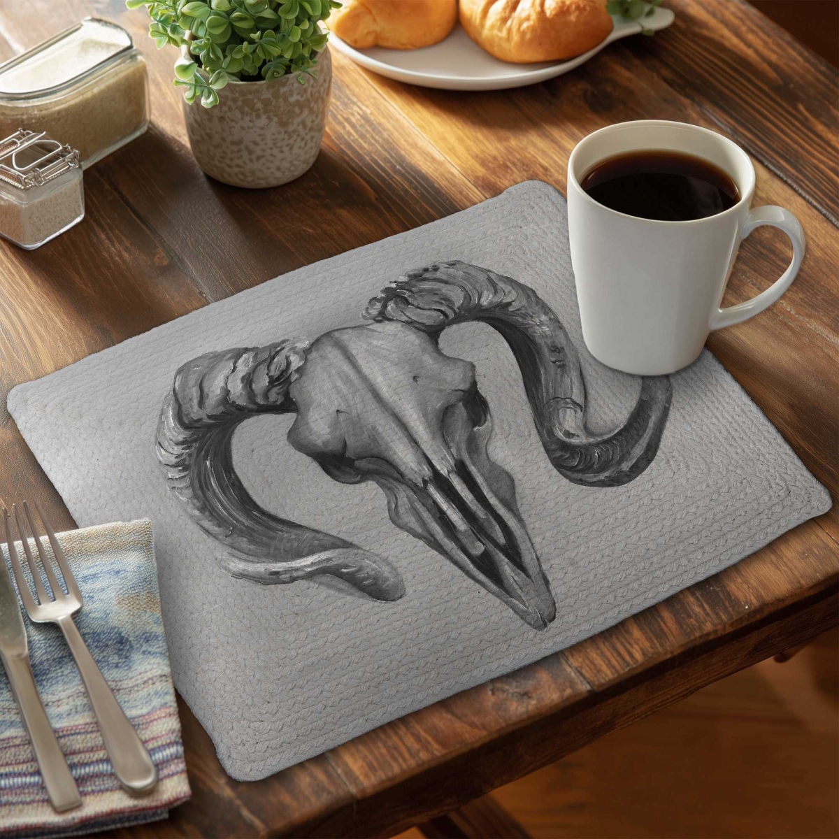 Picture of Begin Home Decor C4BP141846E46A 14 x 18 in. Grayscale Aries Skull Braided Polyester Placemat - Decor - Set of 4