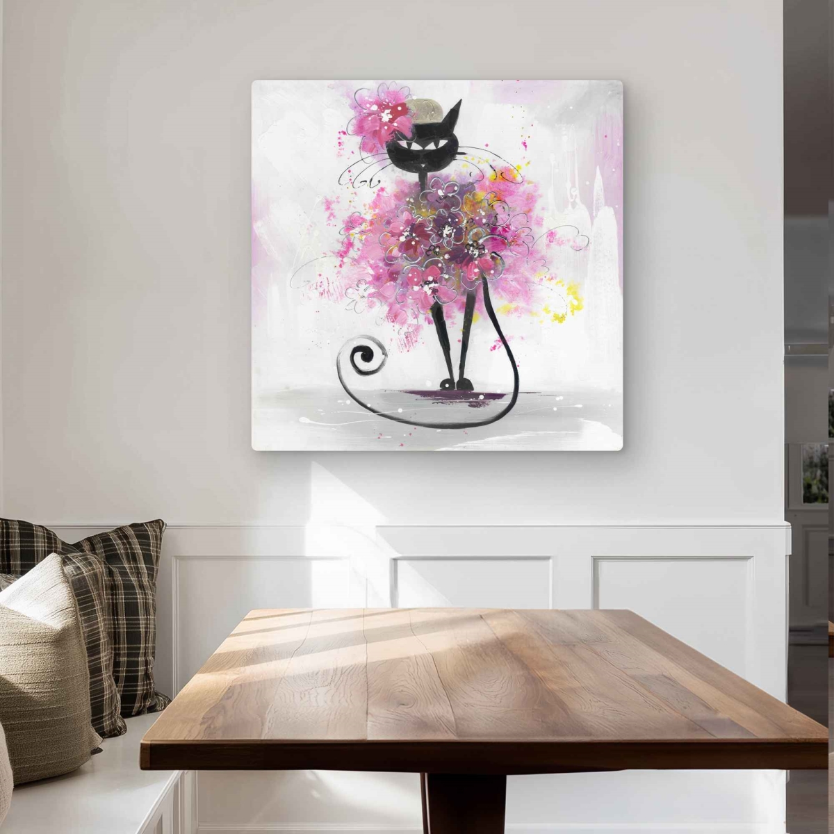 C1MP3232JIIWK8 32 x 32 in. Cartoon Cat with Pink Flowers - Feline Metal Print Wall Art for Kids