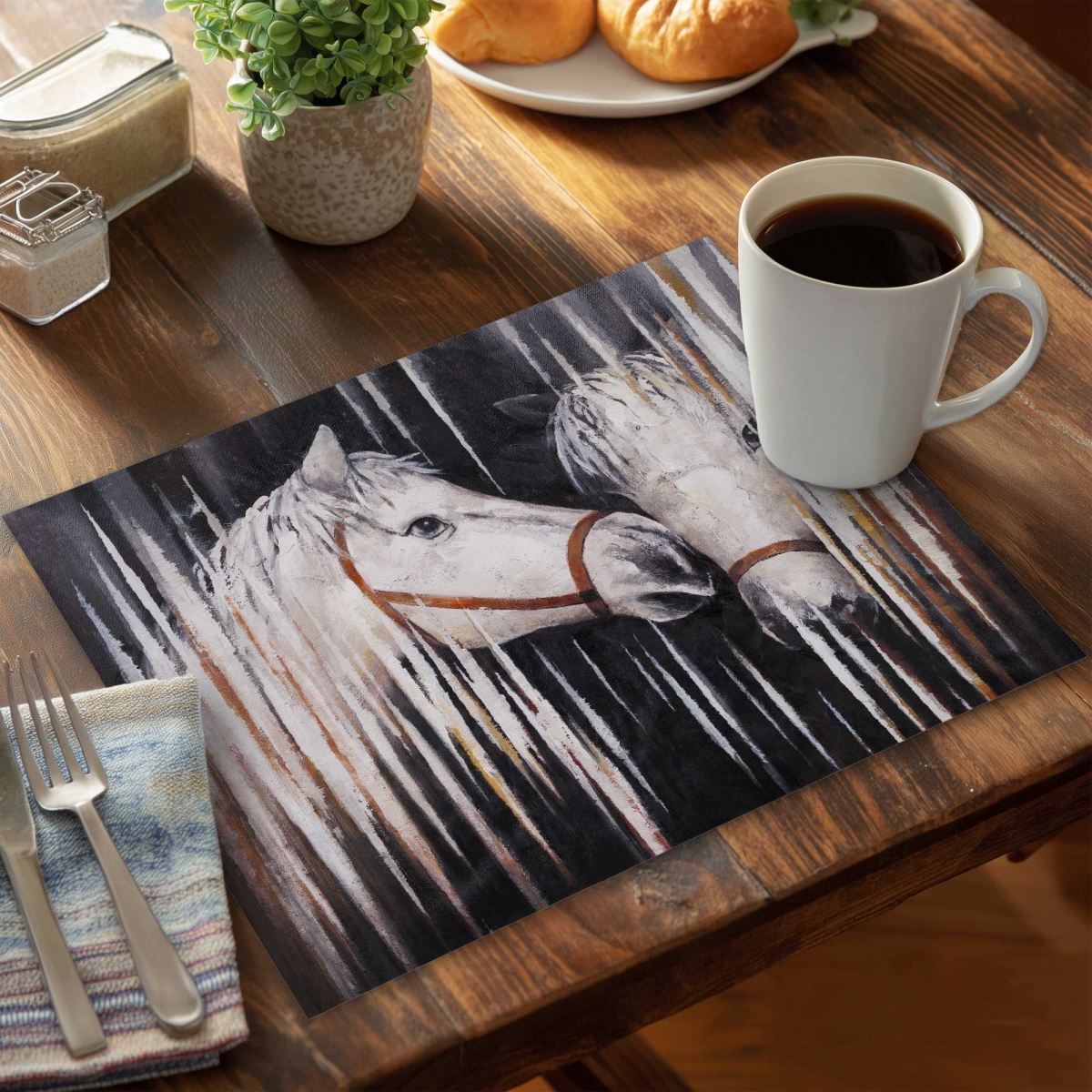 Picture of Begin Home Decor C6PP1418B199KD 14 x 18 in. Two White Horses Kissing Polyester Placemat - Home Decor - Set of 6