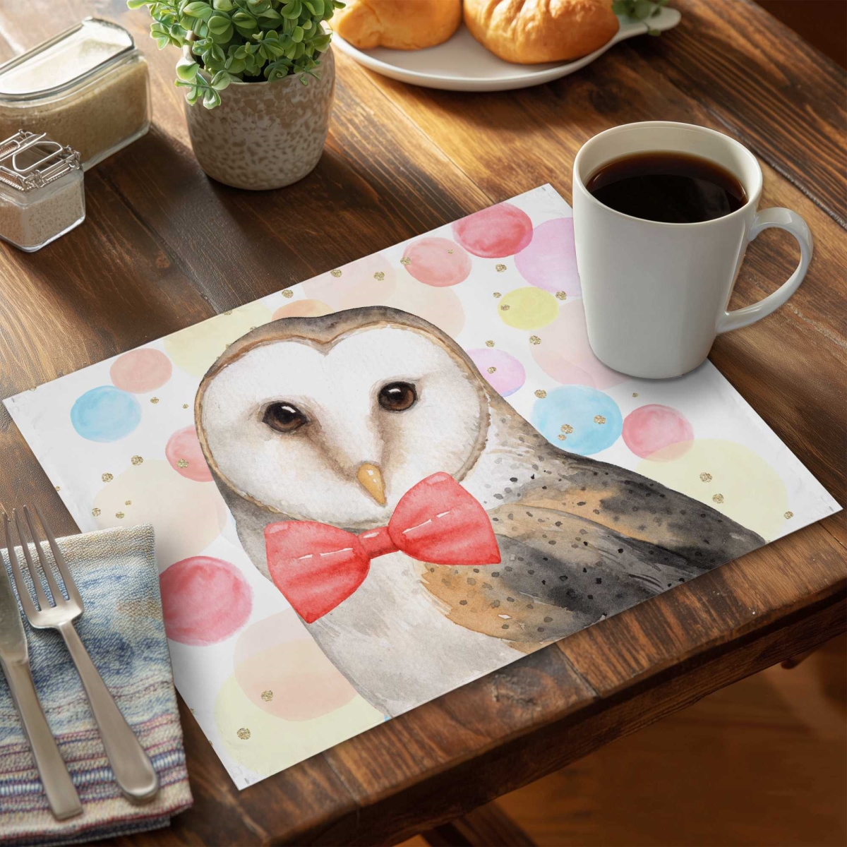 Picture of Begin Home Decor C6PP1418D0YYL0 14 x 18 in. Chic Owl Polyester Placemat for Stylish Home Decor - Buy Now - Set of 6