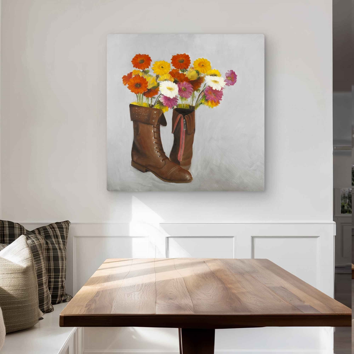 C1MP3232ZJMUL7 32 x 32 in. Boots with Daisies Flowers Wall Art - Western Still Life Metal Print