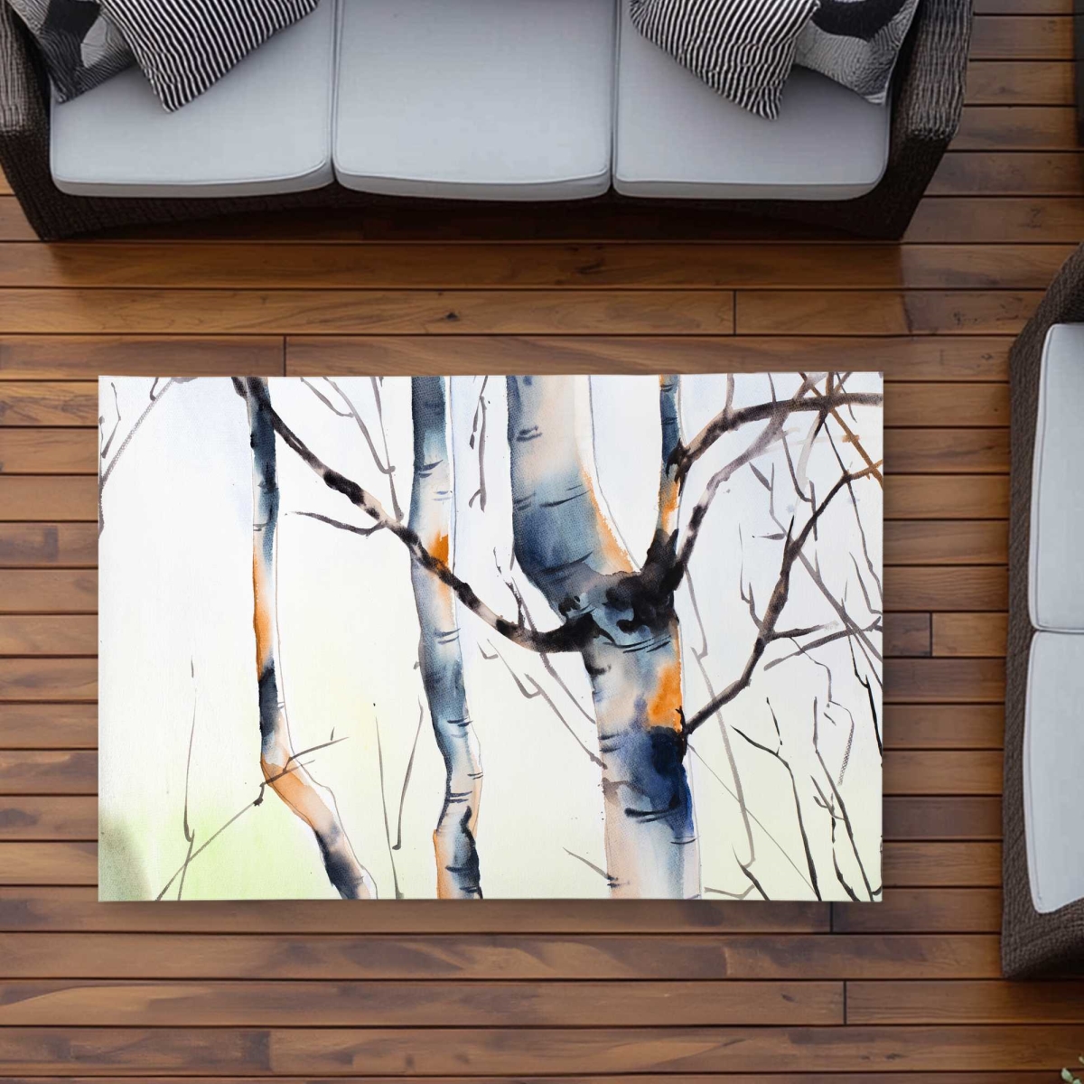 C1ROAR35A8F2MJ 3 x 5 ft. Three Small Birch Trees - Illustrative Blue Outdoor Rectangle Area Rug
