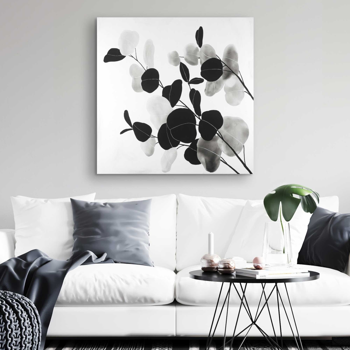 C1RC3232QG39X4 32 x 32 in. Grayscale Branches with Leaves - Still Life Black Canvas