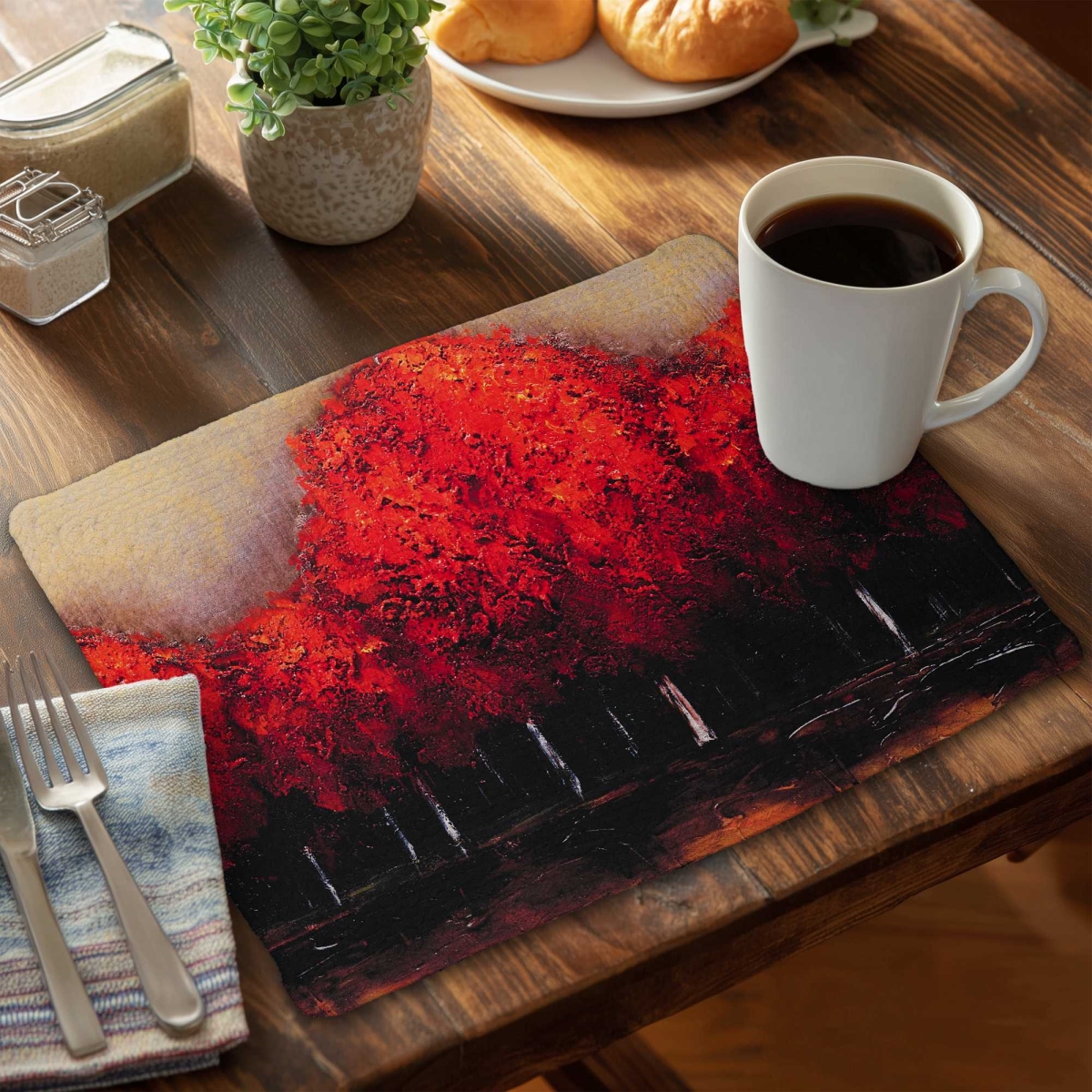 Picture of Begin Home Decor C4BP1418N4E8NM 14 x 18 in. Red Dark Trees Braided Polyester Placemat - Home Decor - Set of 4
