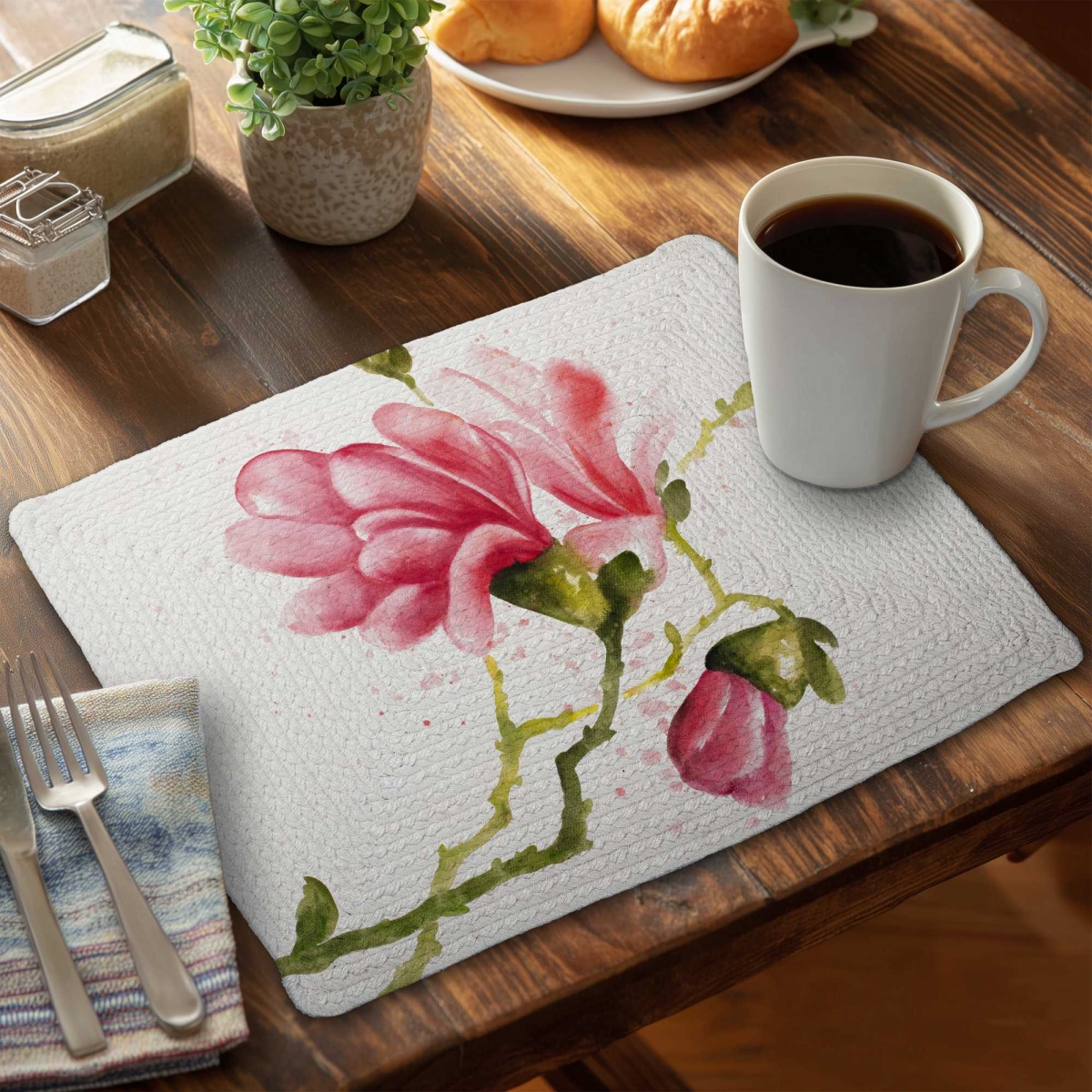 Picture of Begin Home Decor C4BP1418SJWDYP 14 x 18 in. Magnolia Flowers Braided Polyester Placemat - Home Decor - Set of 4