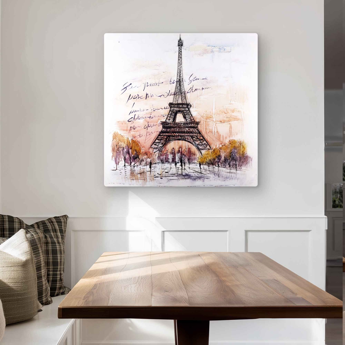 C1MP3232R5O86B 32 x 32 in. Eiffel Tower Sketch - Handwritten Message Wall Art - Trees Orange Metal Print