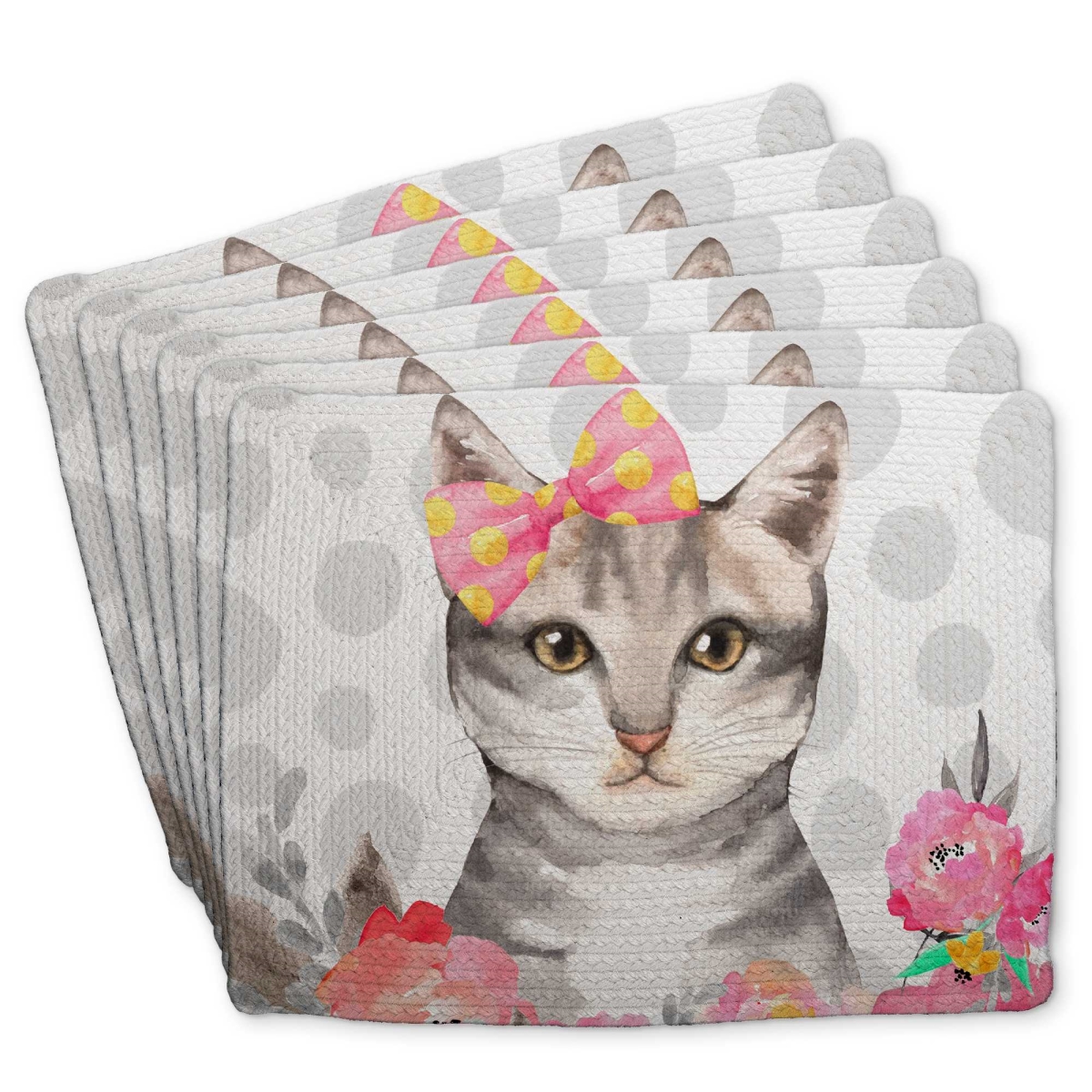 Picture of Begin Home Decor C6BP1418Z0BN2A 14 x 18 in. Charming Cat Braided Polyester Placemat for Home Decor - Set of 6