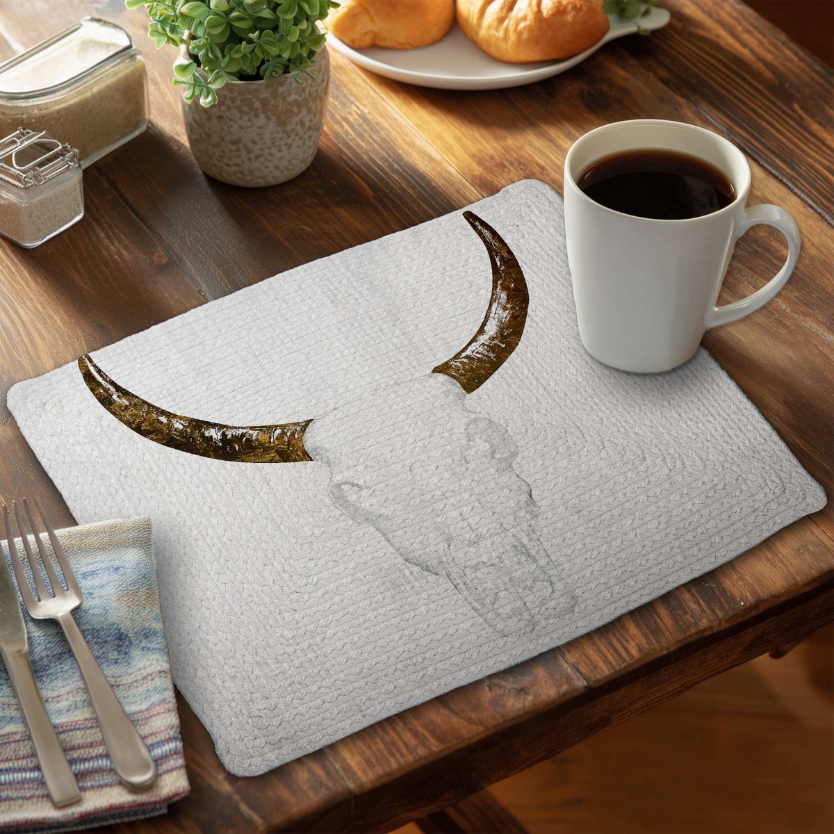 Picture of Begin Home Decor C6BP1418Z43HIT 14 x 18 in. Bull Skull with Brown Horns - Braided Polyester Placemat - Set of 6