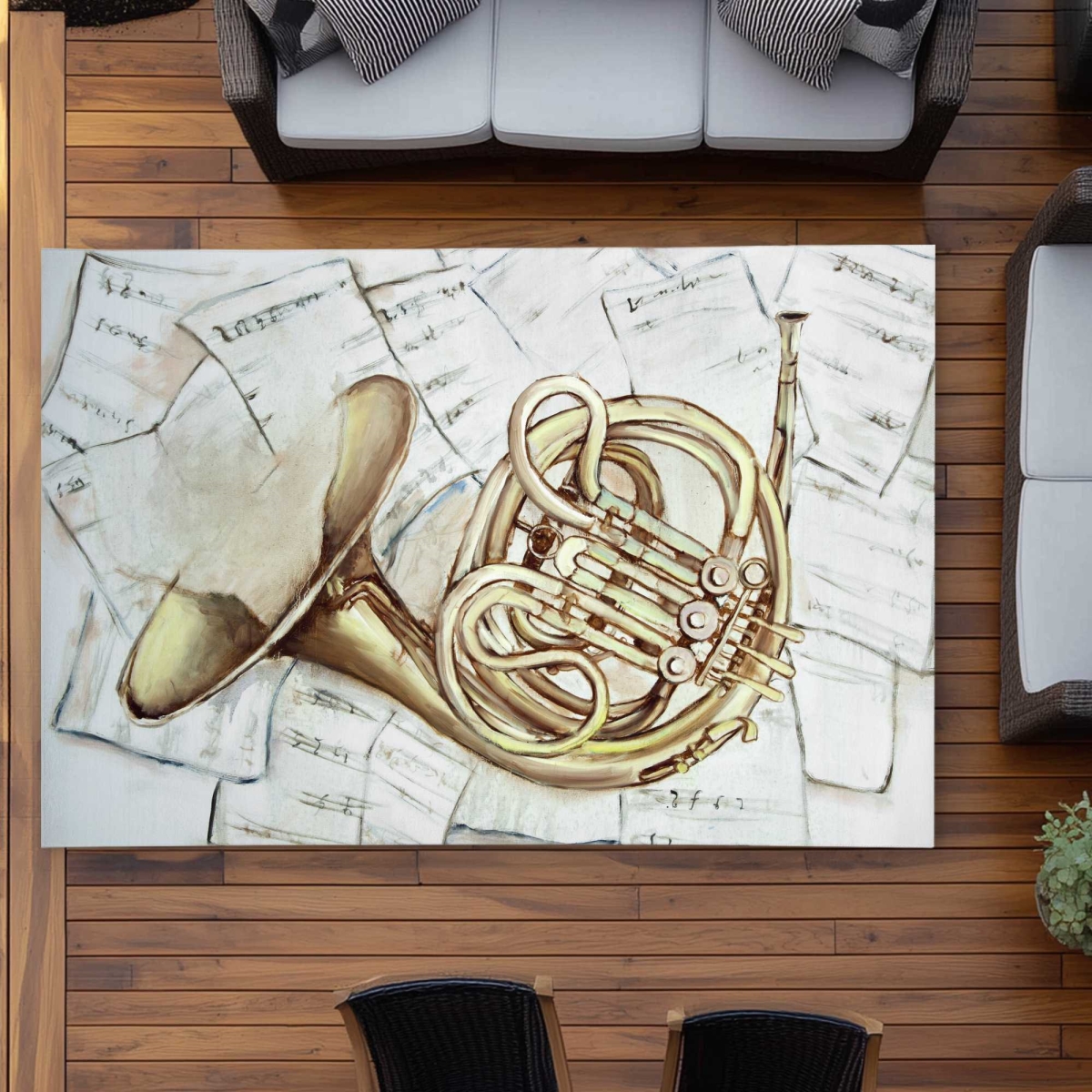 C1ROAR57FJ2TAC 5 x 7 ft. Horn on Music Sheet Outdoor Rectangle Area Rug - White Home Decor