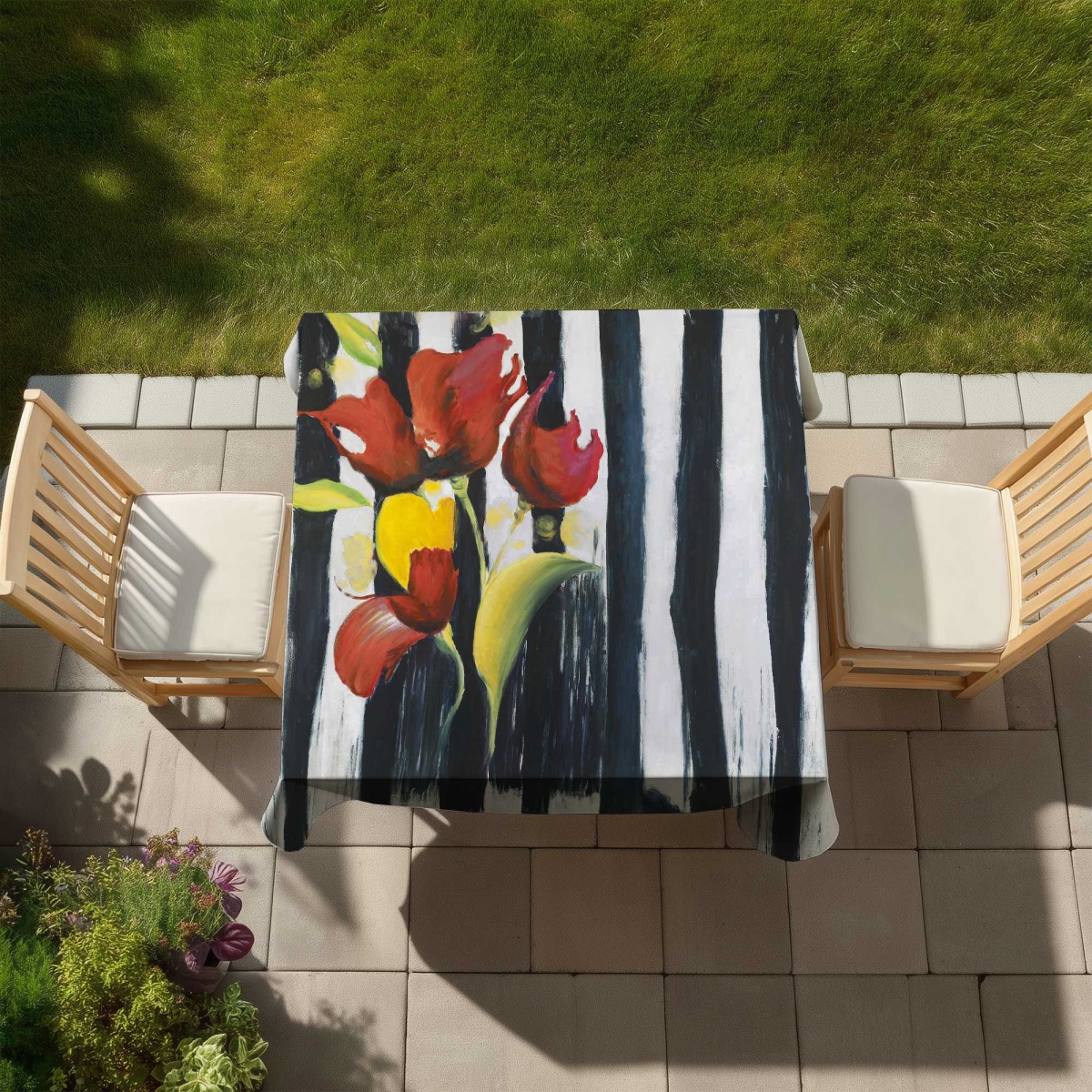 Picture of Begin Home Decor C1TC5858MZFSV3 58 x 58 in. Red Flowers on Stripes - White Contemporary Tablecloth - Home