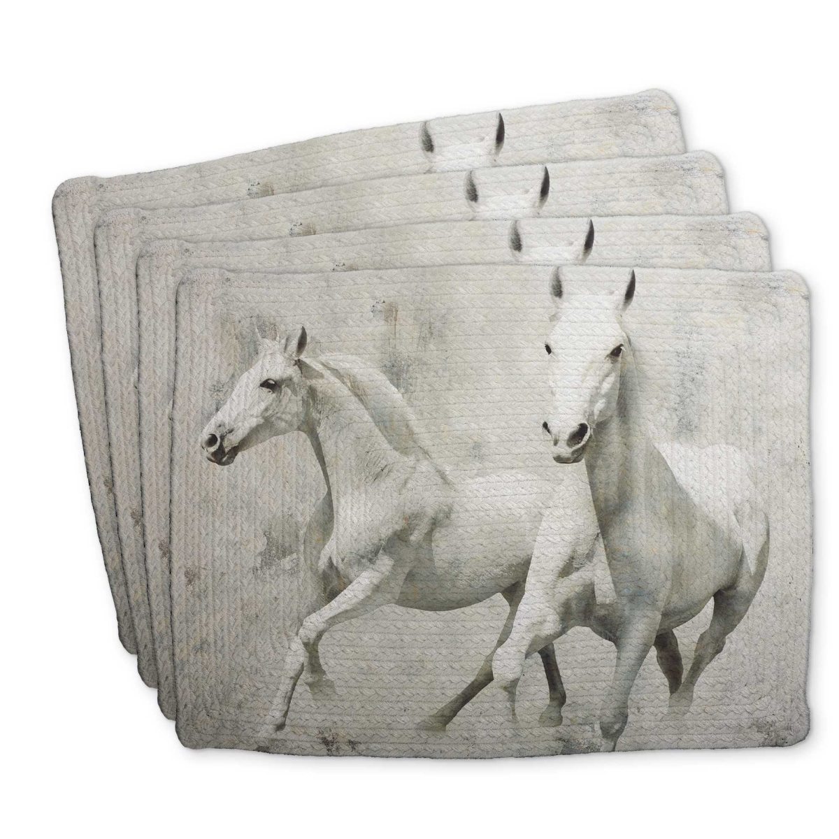 Picture of Begin Home Decor C4BP1418M4CZJW 14 x 18 in. Two White Horse Running Braided Polyester Placemat - Decor - Set of 4