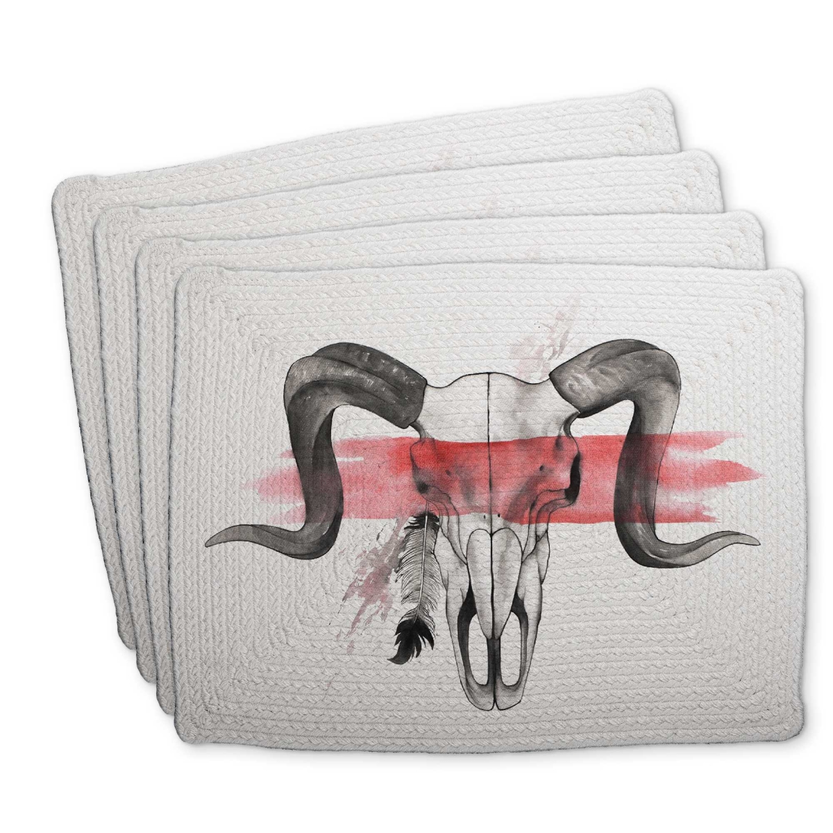 Picture of Begin Home Decor C4BP1418OHH61B 14 x 18 in. Aries Skull with Feather Braided Polyester Placemat - Decor - Set of 4
