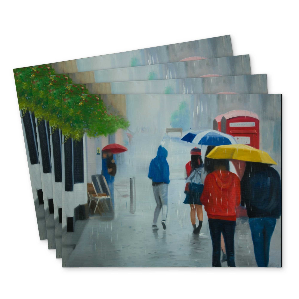 Picture of Begin Home Decor C4PP1418DL0VKY 14 x 18 in. People Walking Under Umbrella Placemat - Rainy Day Decor - Set of 4