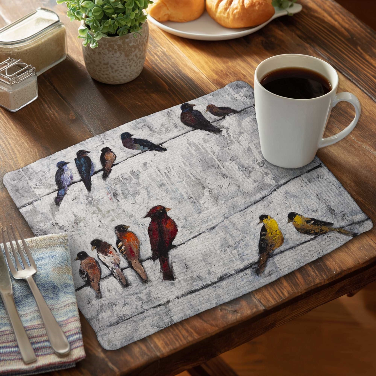Picture of Begin Home Decor C6BP1418P8L8HO 14 x 18 in. Colorful Birds on Branches Braided Polyester Placemat - Set of 6