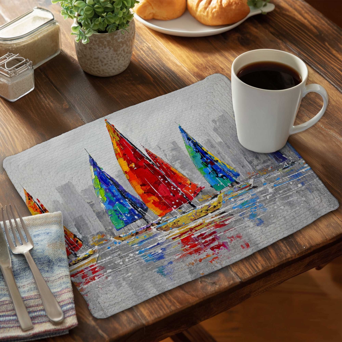 Picture of Begin Home Decor C6BP1418T1I894 14 x 18 in. Colorful Boats Near A Gray City - Braided Polyester Placemat - Set of 6