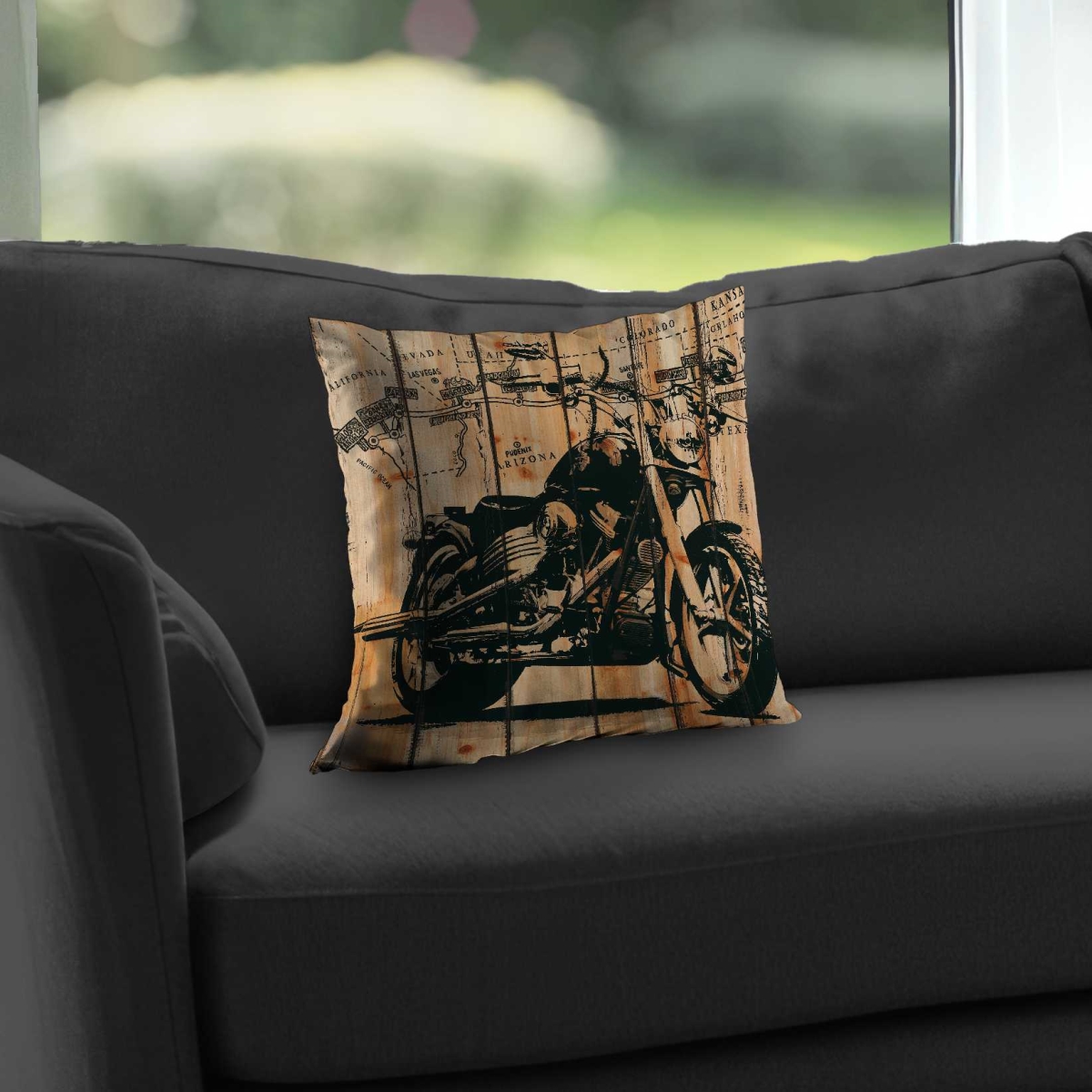 C1PC14149A1IOR 14 x 14 in. Motorcycle on Wood Background - Man Cave Poly Twill Throw