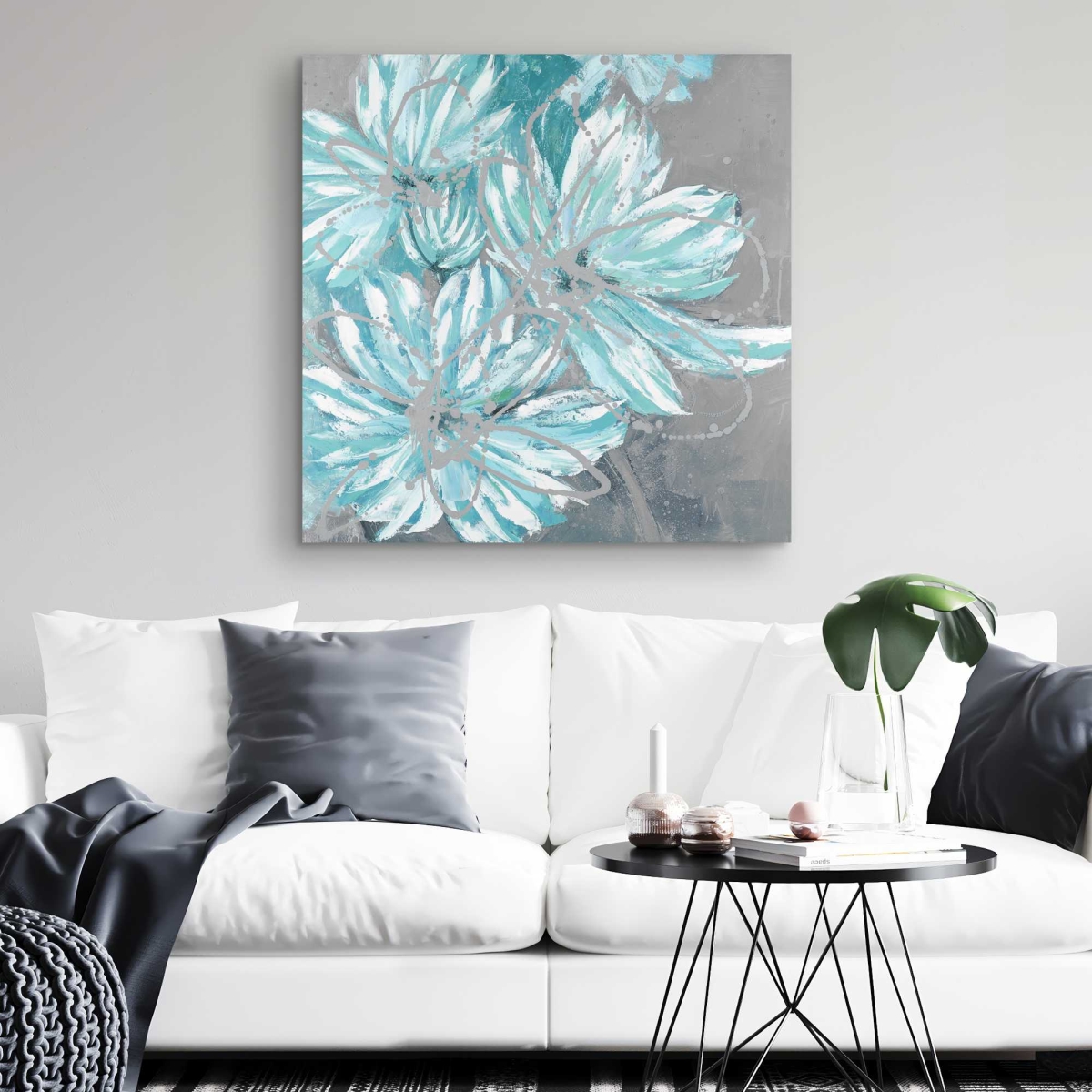 C1RC3232N4KPMX 32 x 32 in. Three Little Abstract Blue Flowers - Botanical Canvas Art