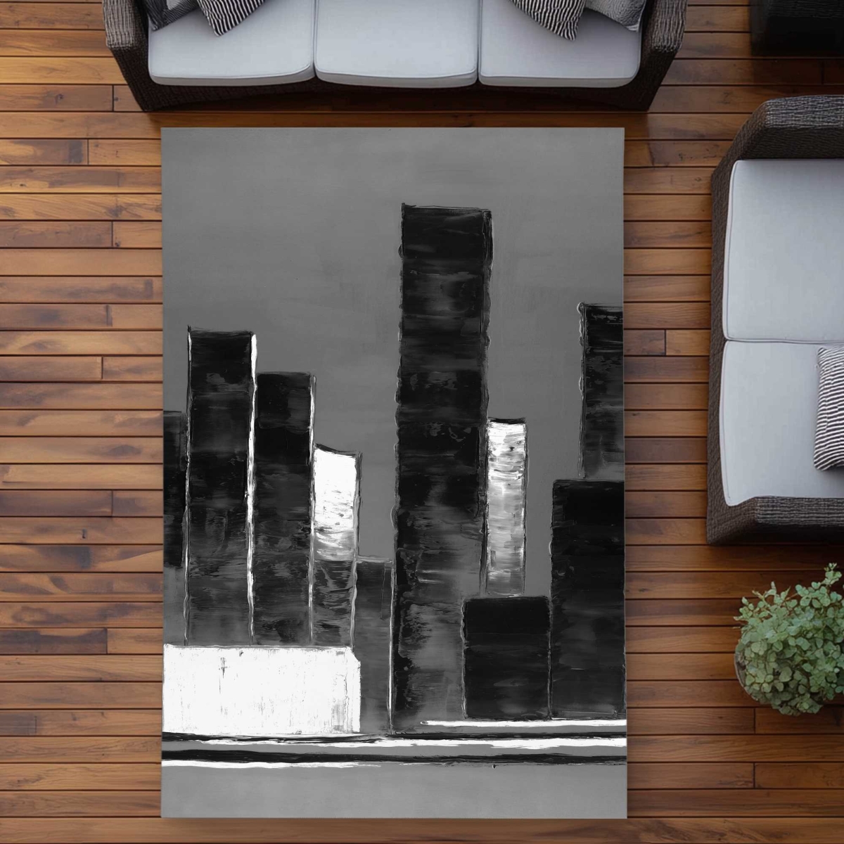C1ROAR578X7Y31 5 x 7 ft. Abstract Black & White Buildings Rectangle Area Rug - Cities Bedroom