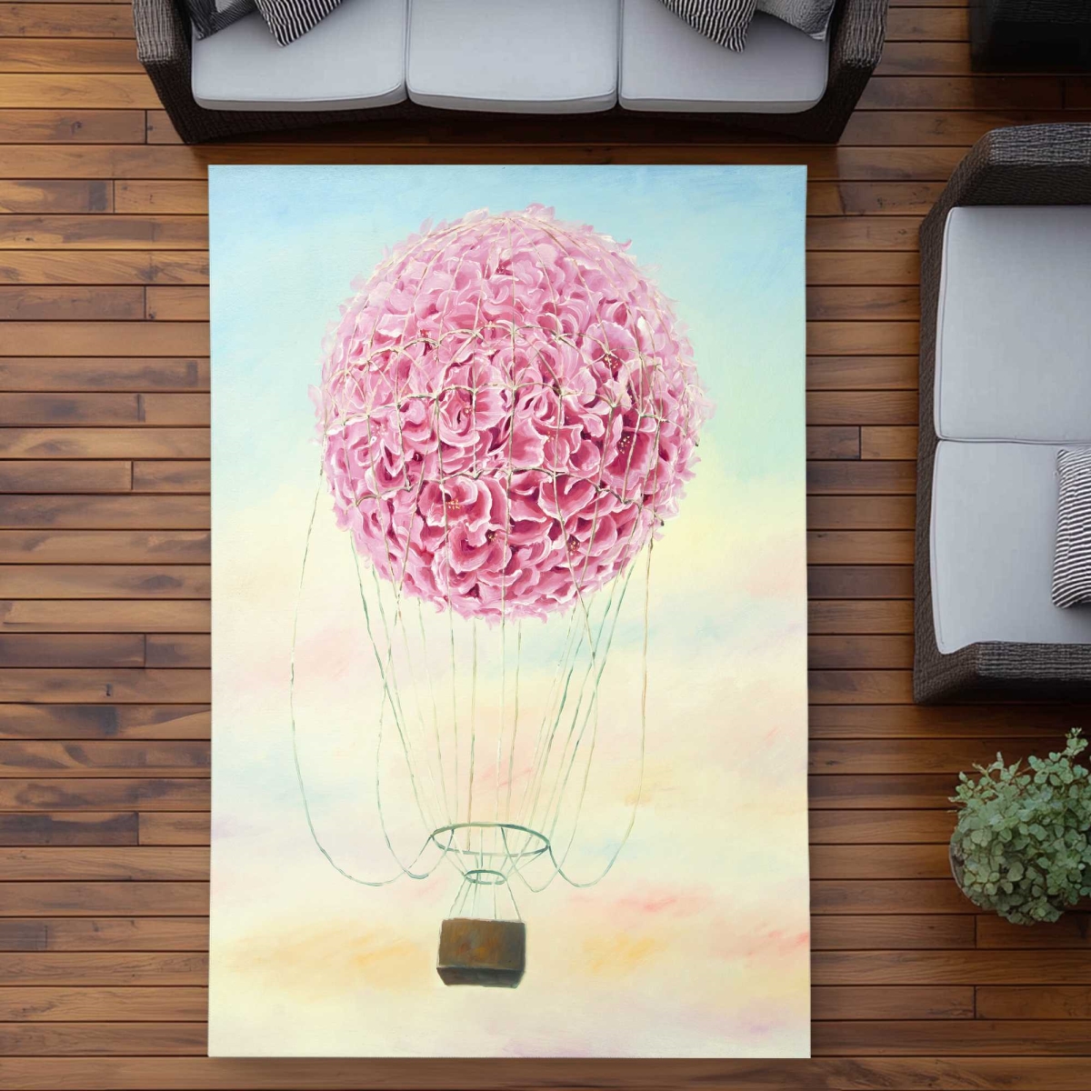 C1ROAR57E9H32T 5 x 7 ft. Hot Air Balloon Hydrangea Flowers Rectangle Area Rug - Blue Bedroom Decor