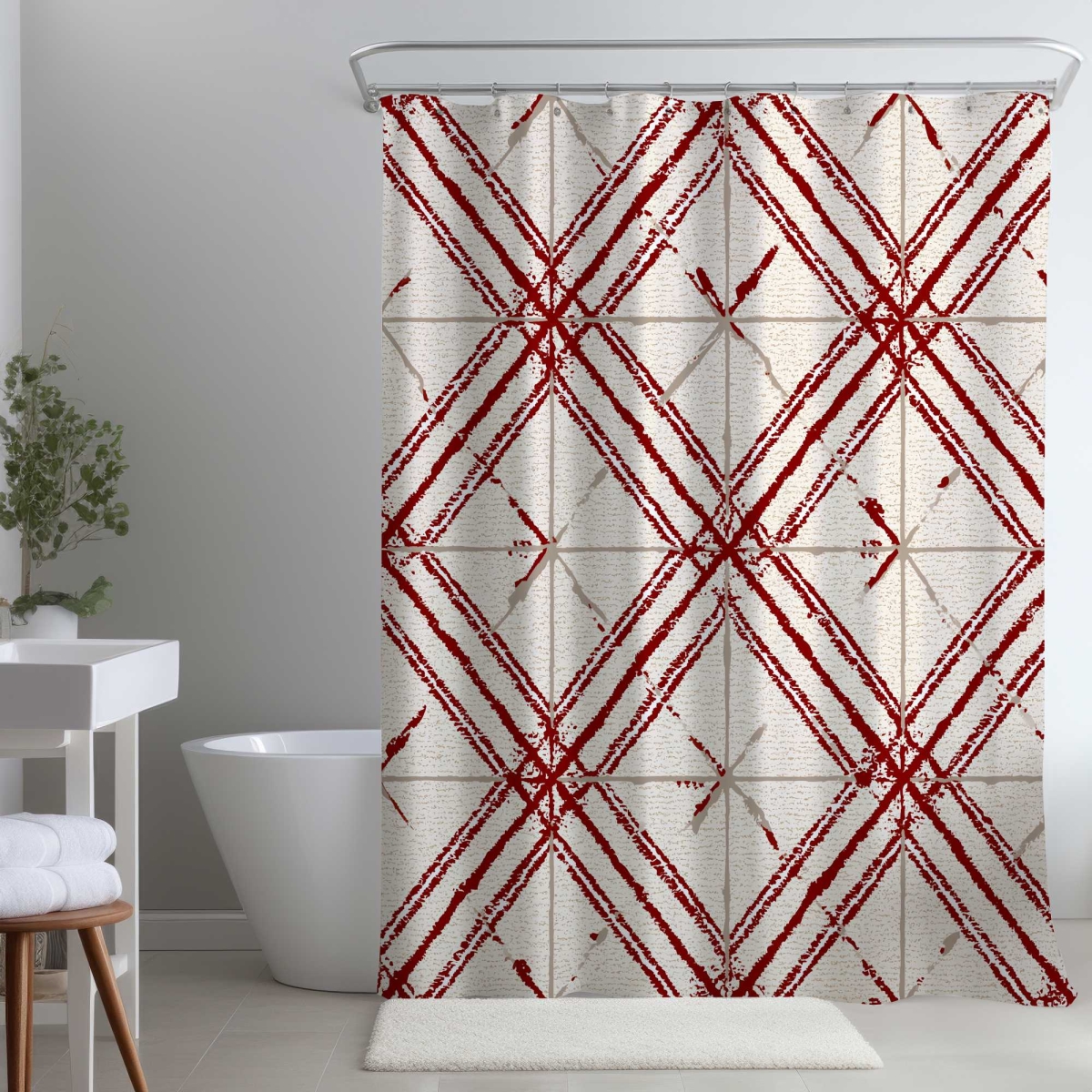 C1SC717429OERO 71 x 74 in. Red Lines Pattern White Shower Curtain - Home Decor Accent