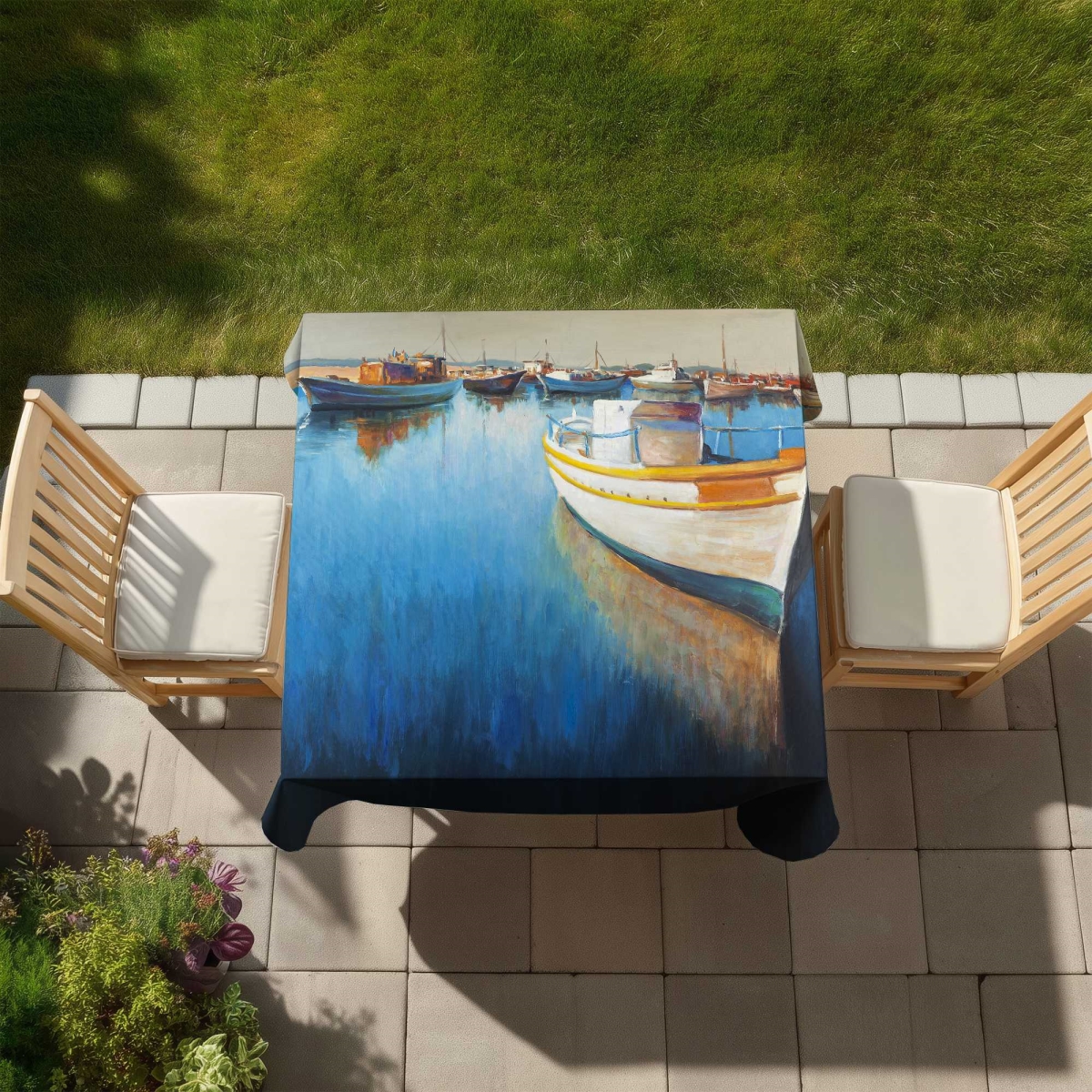 Picture of Begin Home Decor C1TC585811VET5 58 x 58 in. Fishing Boats at the Marina - Coastal Orange Tablecloth