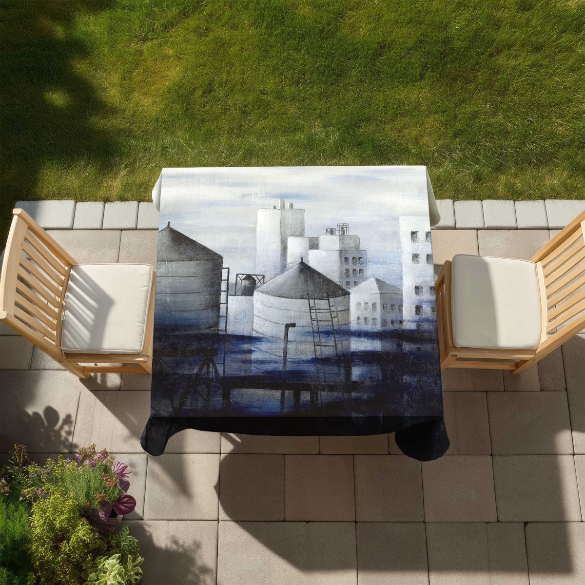 Picture of Begin Home Decor C1TC58581VA65Y 58 x 58 in. Gray City with Blue Clouds Tablecloth - Indoor & Outdoor Decor