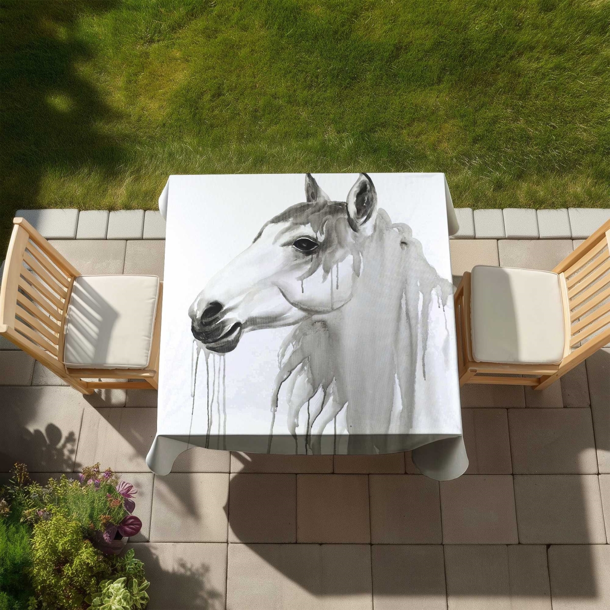 Picture of Begin Home Decor C1TC5858E9GUP7 58 x 58 in. Beautiful White Horse Tablecloth - Farmhouse Black Decor