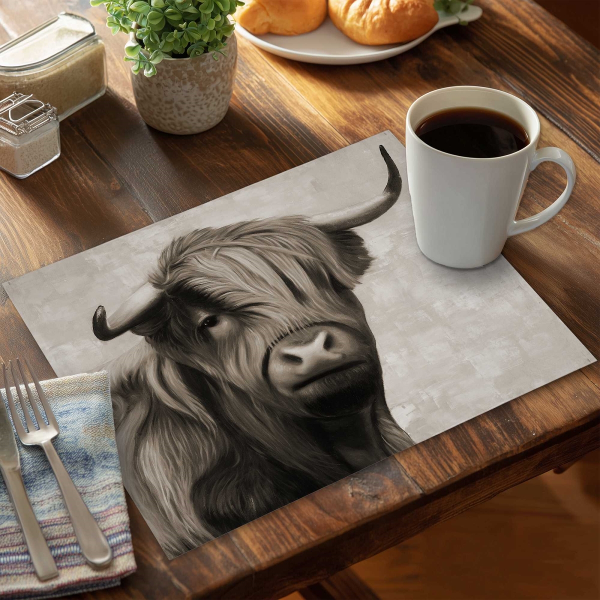 Picture of Begin Home Decor C4PP1418WCTC7M 14 x 18 in. Highland Cattle Sepia Polyester Placemat - Decor Essentials - Set of 4
