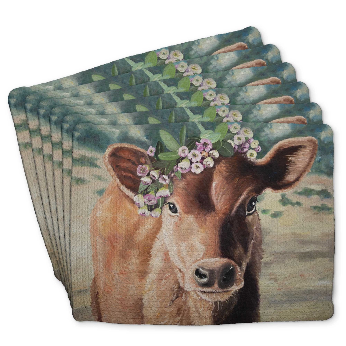 Picture of Begin Home Decor C6BP14189M5L3S 14 x 18 in. Cute Jersey Cow Braided Polyester Placemat for Home Decor - Set of 6
