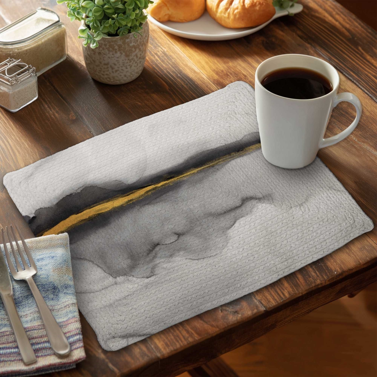 Picture of Begin Home Decor C6BP1418F6I2SK 14 x 18 in. Gold Stripe Abstract Braided Polyester Placemat - Home Decor - Set of 6