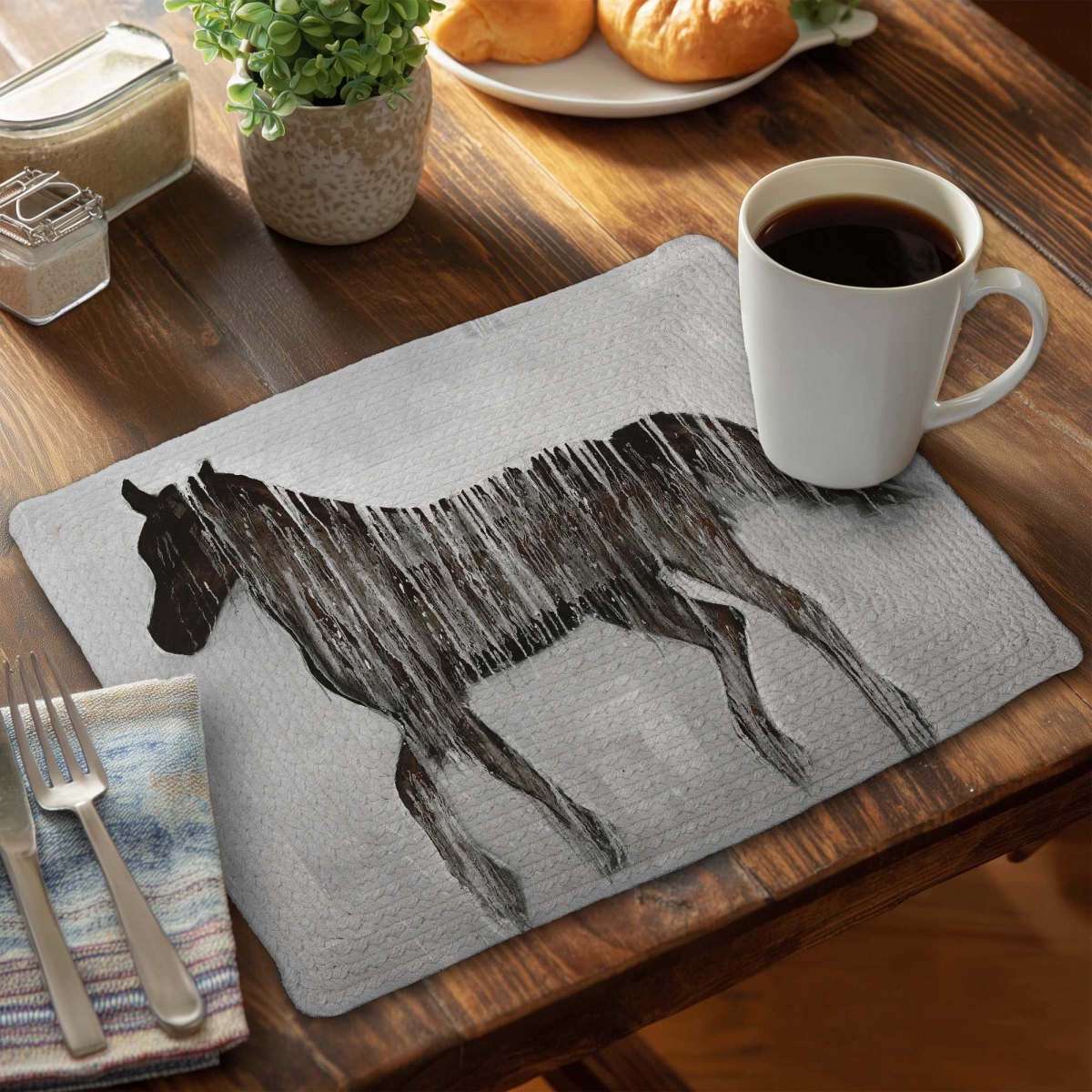 Picture of Begin Home Decor C6BP1418HQ43WK 14 x 18 in. Gambading Abstract Horse Braided Polyester Placemat - Decor - Set of 6