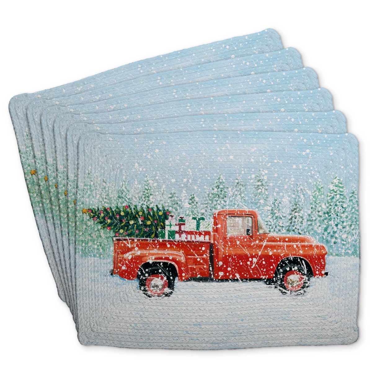 Picture of Begin Home Decor C6BP1418LD9GW6 14 x 18 in. Christmas Tree Truck Braided Polyester Placemat - Home Decor - Set of 6