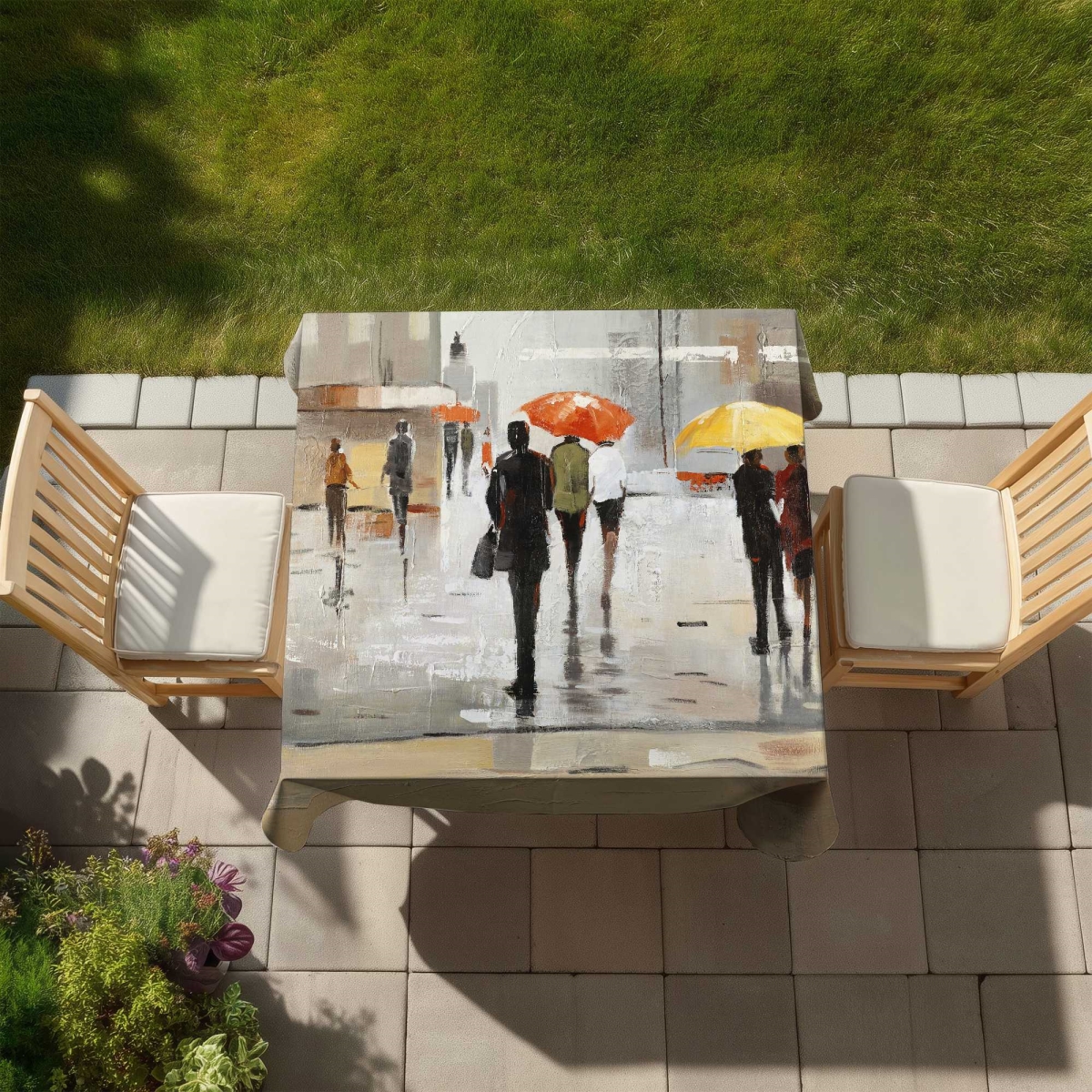 Picture of Begin Home Decor C1TC58581YYXVP 58 x 58 in. Abstract Passersby with Umbrellas Tablecloth - Home Decor