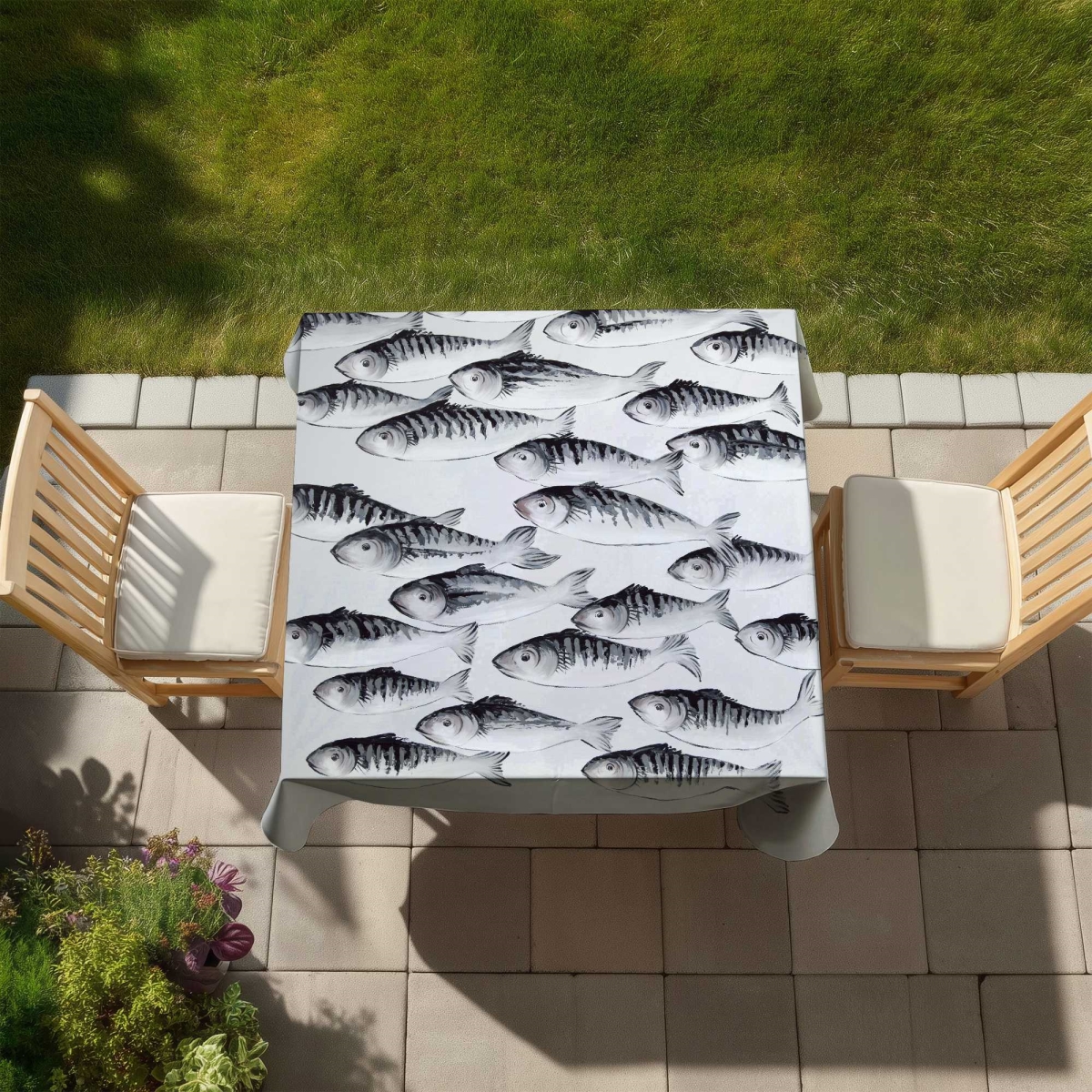 Picture of Begin Home Decor C1TC5858HES3SZ 58 x 58 in. Gray School of Fish Tablecloth - Animals Bedroom Decor